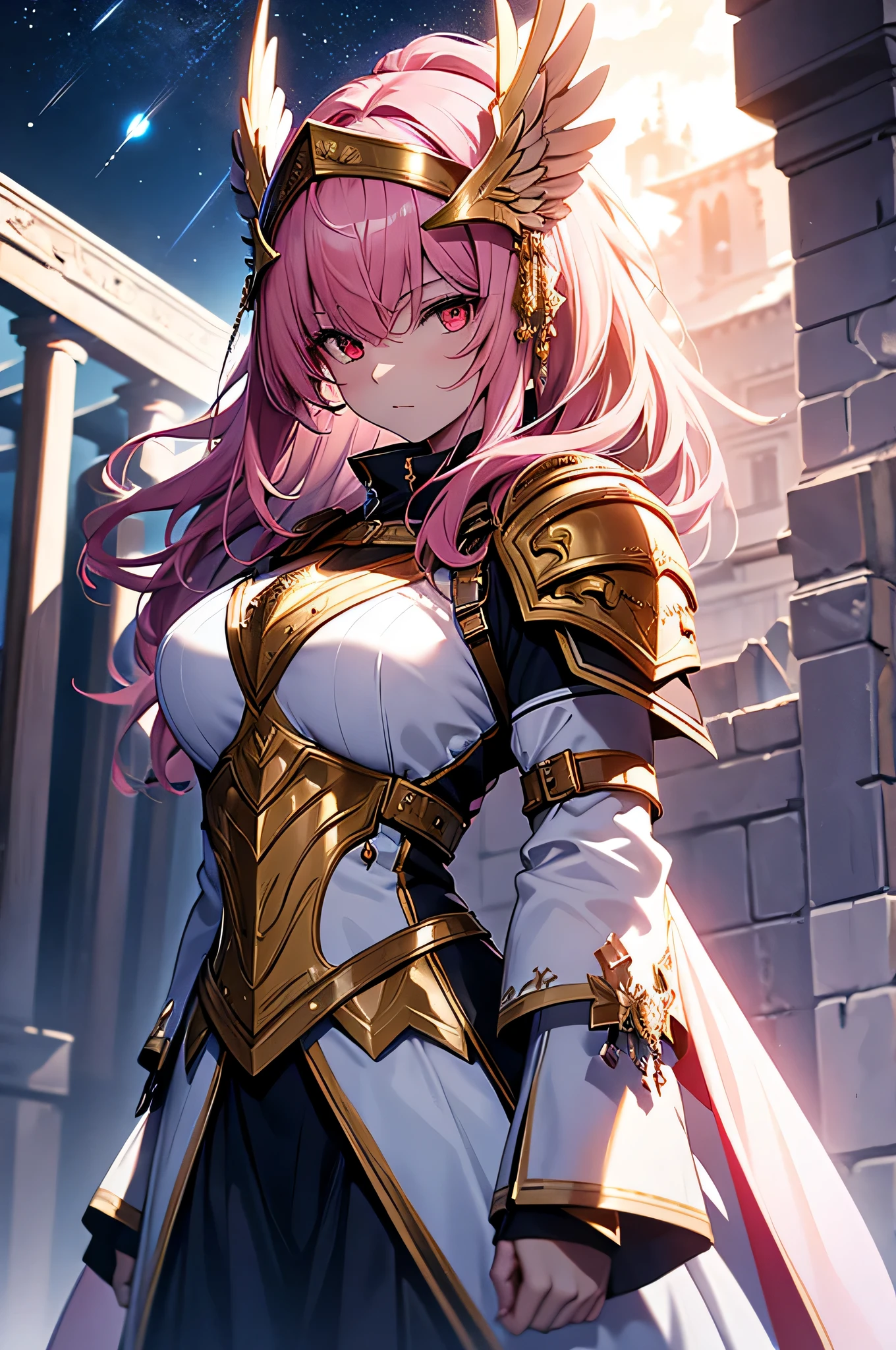 4K,High resolution,one woman,pink hair,long hair,red eyes,Valkyrie,white holy armor,heavy armor,hat with feathers,Jewelry Decoration,gold decoration,Holy sword,temple in the sky,night sky