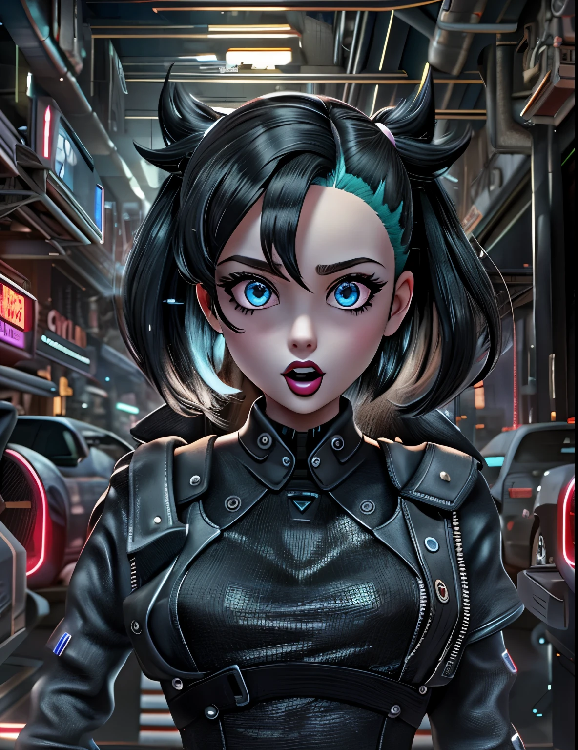 ((masterpiece, best quality)) 1 girl, Marnie, (pokemon), Big drunk eyes, aqua eyes, 1 Mole under the left eye, dark lips, open mouth, black hair, Much hair, Volumized hair, bangs, black lips, upper body , portrait, breast focus, nude breasts, leather waistcoat open, cyberpunk city, cyberpunk car background, Depth of field, dark techno aesthetic, industrial goth aesthetic.