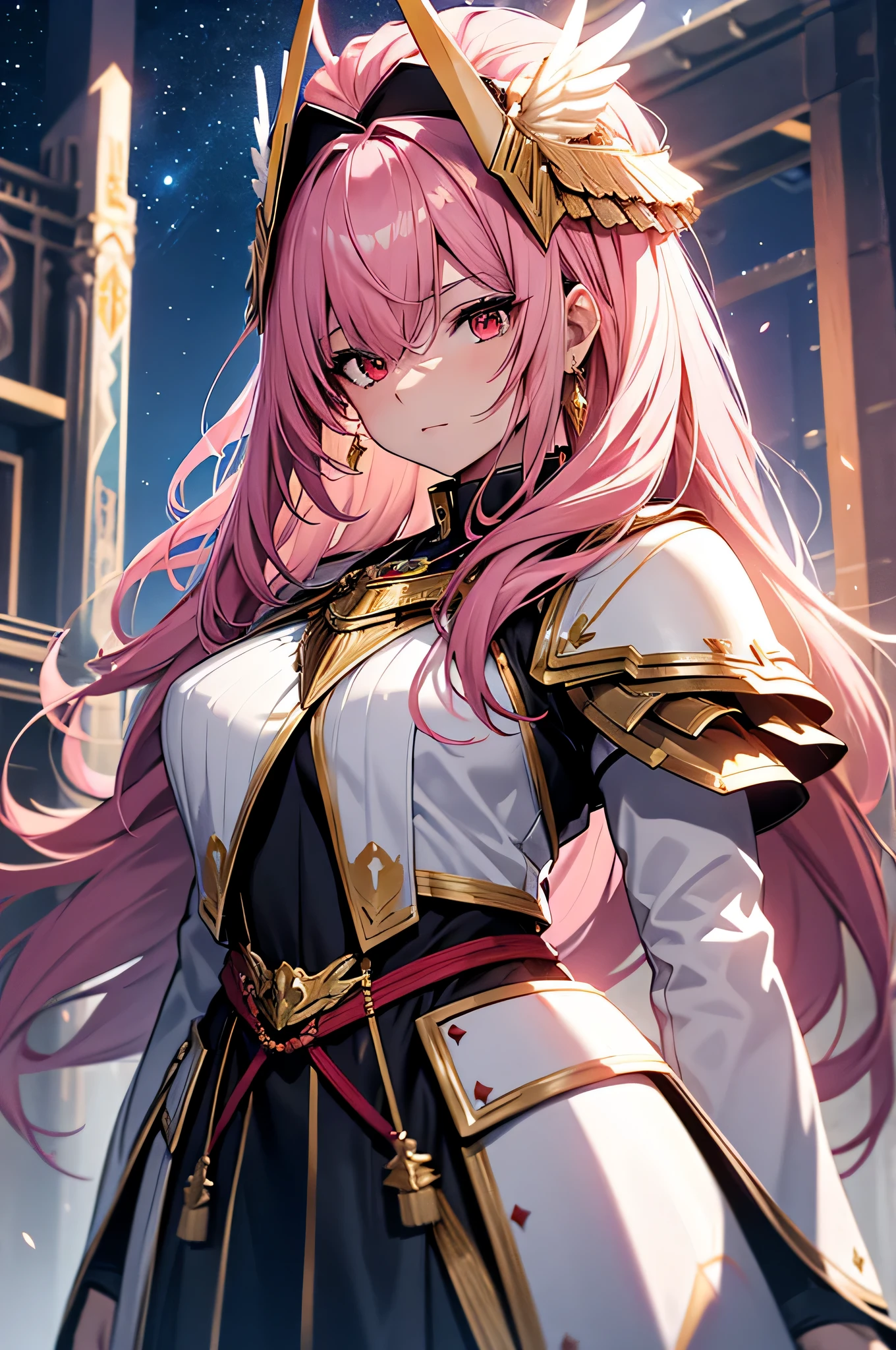 4K,High resolution,one woman,pink hair,long hair,red eyes,Valkyrie,white holy armor,heavy armor,hat with feathers,Jewelry Decoration,gold decoration,Holy sword,temple in the sky,night sky