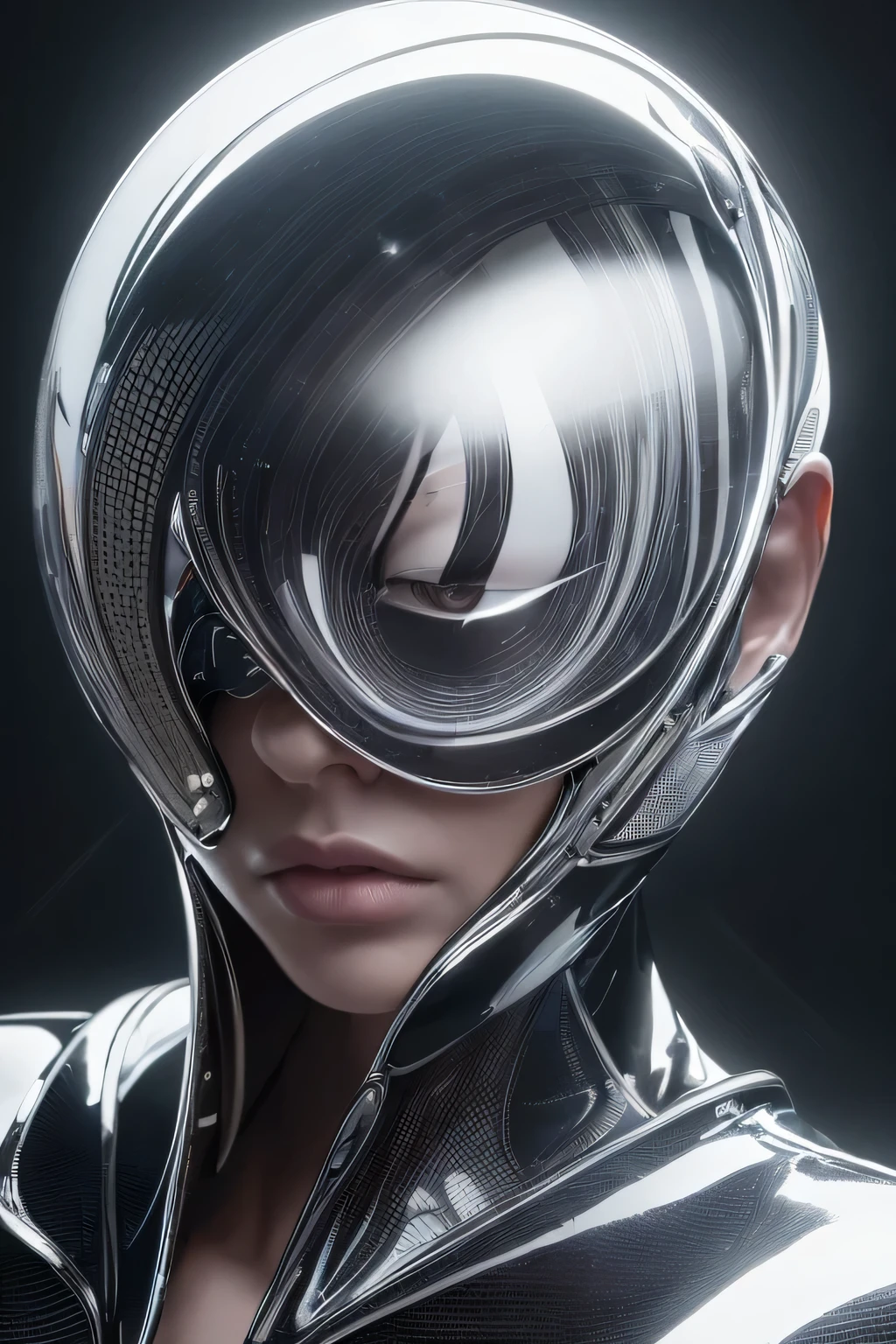 (highest quality, High resolution, realistic:1.37),
Close up black and white portrait of a person with a futuristic head, Digitally created artwork inspired by Darek Zablocki, Zbrush Central Trends. This portrait is、Features a chrome symmetrical face with shiny metallic skin. In the artwork、Features a chrome mask and realistic metal reflections。. Lighting accentuates the metallic luster, Create complex chrome reflections.