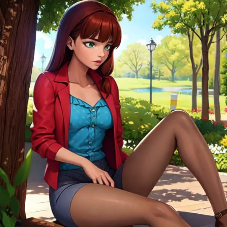 (masterpiece, best quality:1.2), 1girl, green eyes,long brown hair,Lila's civilian clothes consist of a blue romper layered under a red jacket and over grey tights. Her auburn hair turns darker when she undertakes the form of Volpina.