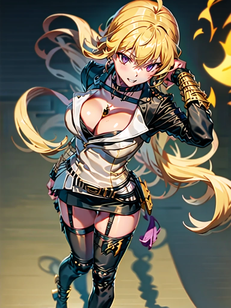 (fullbody), Huntress Yang, 1girl, solo, (ahoge:1), bangs, blonde hair, very long hair, (lilac eyes:1.), eyebrows visible through hair, hair between eyes, lips, teeth, (collarbone:1), (Pendant:1), (purple jewelry:1), jacket, (black sleeves:1), (black shoulders:1), unzipped, long sleeves, cleavage, (black tube top:1), medium breasts, black underwear, (black belt:1.2), buckle, (purple fabric tied to the left side of belt:1), (golden gauntlets with shell casings:1.3), black fingerless gloves, nail polish, (black tight mini skirt:1.4), thighhighs, (golden fire stamp on each thigh), (garter straps:1), black legwear, cross-laced footwear, lace-up boots, (white laces on the back of boots:1.1), (standing:1.4), white background, from below, BREAK, (masutepiece:1.2), Best Quality, High resolution, Unity 8k壁纸, (Illustration:0.8), (Beautiful detailed eyes:1.2), extra detailed face, Perfect Lighting, extremely detailed CG,