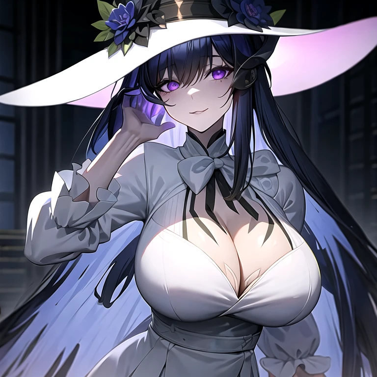 (masterpiece, best quality:1.2), 1girl, solo,Constance,black hair,very long hair,hair between eyes,purple eyes,black flower on hat,Floppy Hat,white tie neck lantern sleeve long dress,lady,crooked bow on chest,white bow tie,big braests,bare breasts,((cleavage)),older girl,pale skin