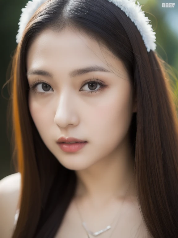 (realistic、masterpiece、Best Quality、8K、highres、high resolution:1.3)、1 girl、Big breasts、white bikini、looking at viewers、super fine face and eyes、long hair、 exposed cleavage、upper body、