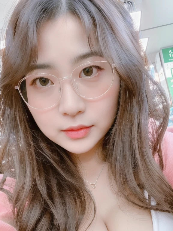 (realistic、masterpiece、Best Quality、8K、highres、high resolution:1.3)、1 girl、Big breasts、glasses、white bikini、looking at viewers、super fine face and eyes、long hair、 exposed cleavage、upper body、