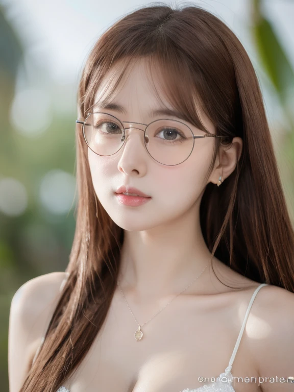(realistic、masterpiece、Best Quality、8K、highres、high resolution:1.3)、1 girl、Big breasts、glasses、white bikini、looking at viewers、super fine face and eyes、long hair、 exposed cleavage、upper body、