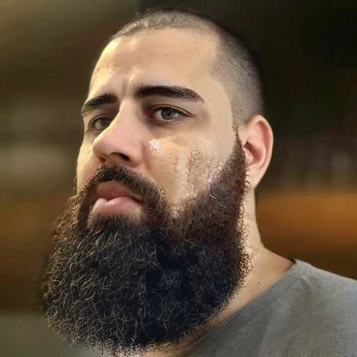(masterpiece, best quality:1.2), 1boy,
facial hair,
realistic portrait,
35 yo,
manful,
Endomorph body,
beard,
220 lbs,
detailed face,
detailed nose,
Hyper-realistic,
RAW,
textured skin,
UHD, 
real life insert,
facial hair,
male focus, 
photorealistic,
very short hair,
reamer piercing on the left ear,
brow greend eyes,