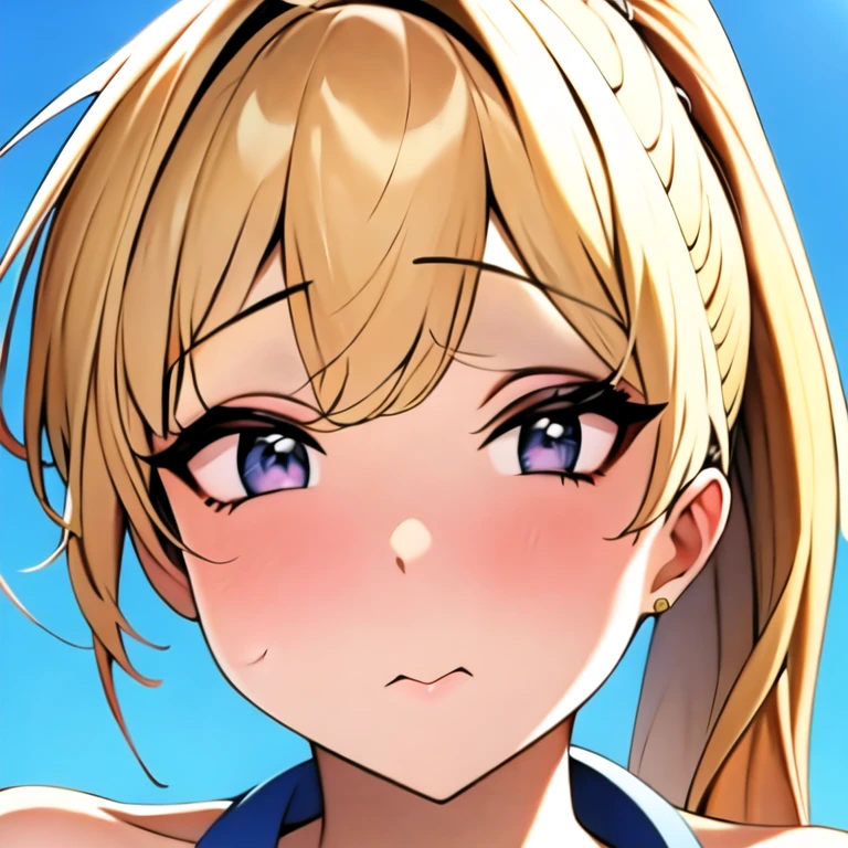 masterpiece, (((anime))), best quality, anime, cute face, blush:1.6,1 woman, half Japanese, half American, blonde, ponytail, ((housewife's face)), ((28 years old face))