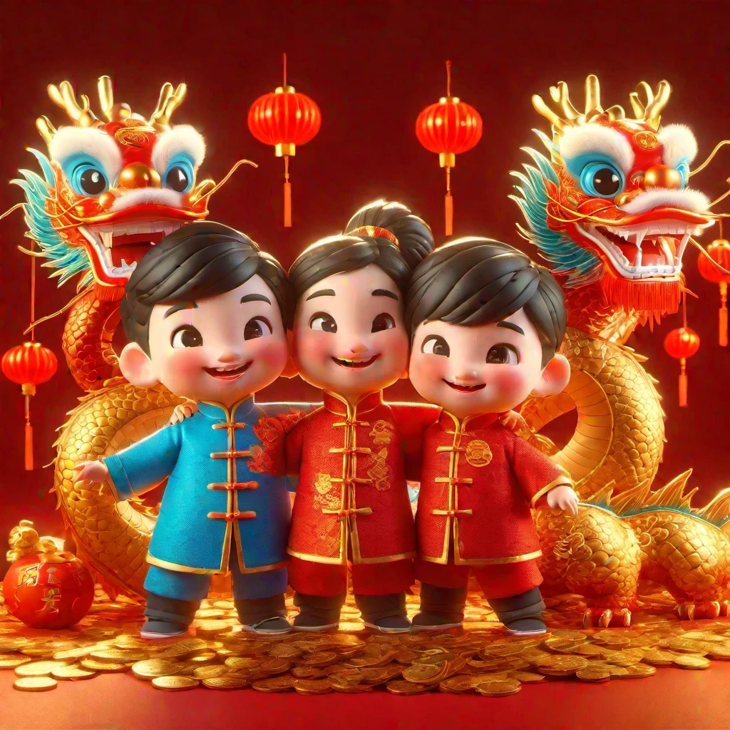 (masterpiece, best quality:1.2), Two dolls hugging Chinese dragon，red background, lantern, happy smiling face, Gold coins piled on the ground, 3d c4d rendering