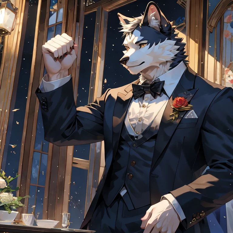 (masterpiece, best quality:1.2), furry，狼兽人，男性，白色混合着黑色的毛发，现代的服饰