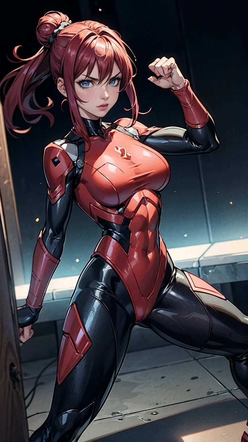((Space Detective, woman, (female external skeleton), (red and black combat suit, fighting pose), wasteland, action scene, action pose, masterpiece, rich colors, Backlight, beautiful expression, fantasy art, character art, metallic red and silver combat suit)), (1girl, solo, Reina Morimoto, morimoto_reina, (blue eyes, hair bun, high bun of hair), lipstick)), malicious looks, mole on the face, sensual pose, oily, wet body, ((muscular with abs)), fitness, standing, Beautiful
