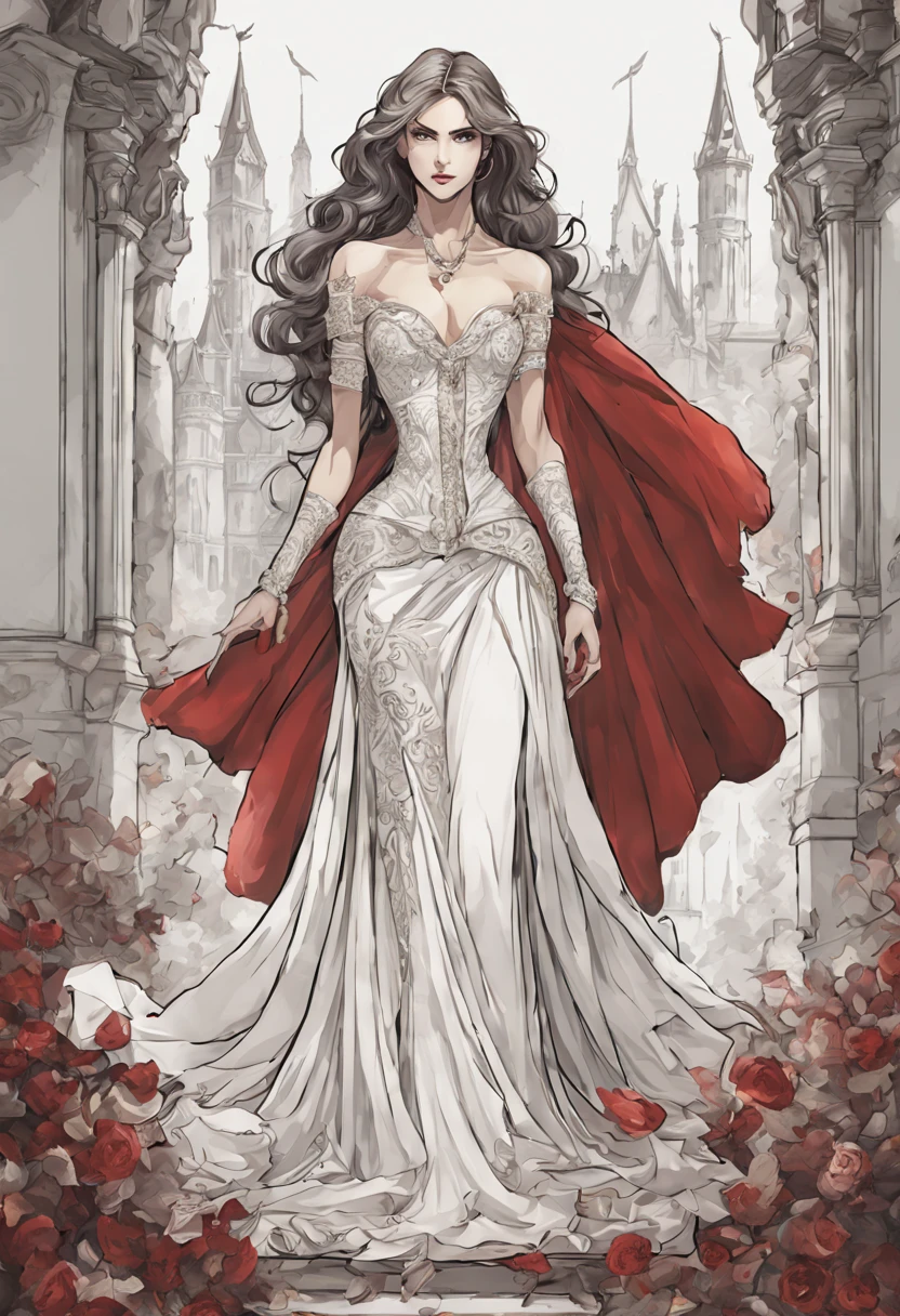 Una mujer, vestida con un vestido de novia, vestido de novia blanco, dibujo de cuerpo completo, delgado, piernas largas, castlevania style, dracula