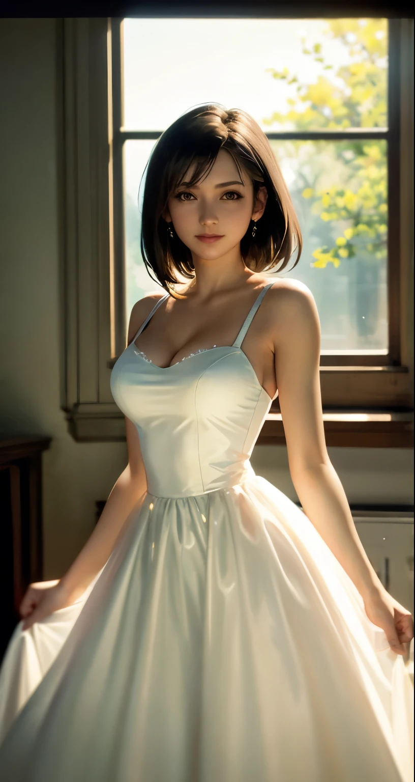 masterpiece, highest quality, an film still, 1 girl, front, low cut transparent dress, big breasts, close, bright, Happy, Warm soft light, (mist: 0.7) No bra