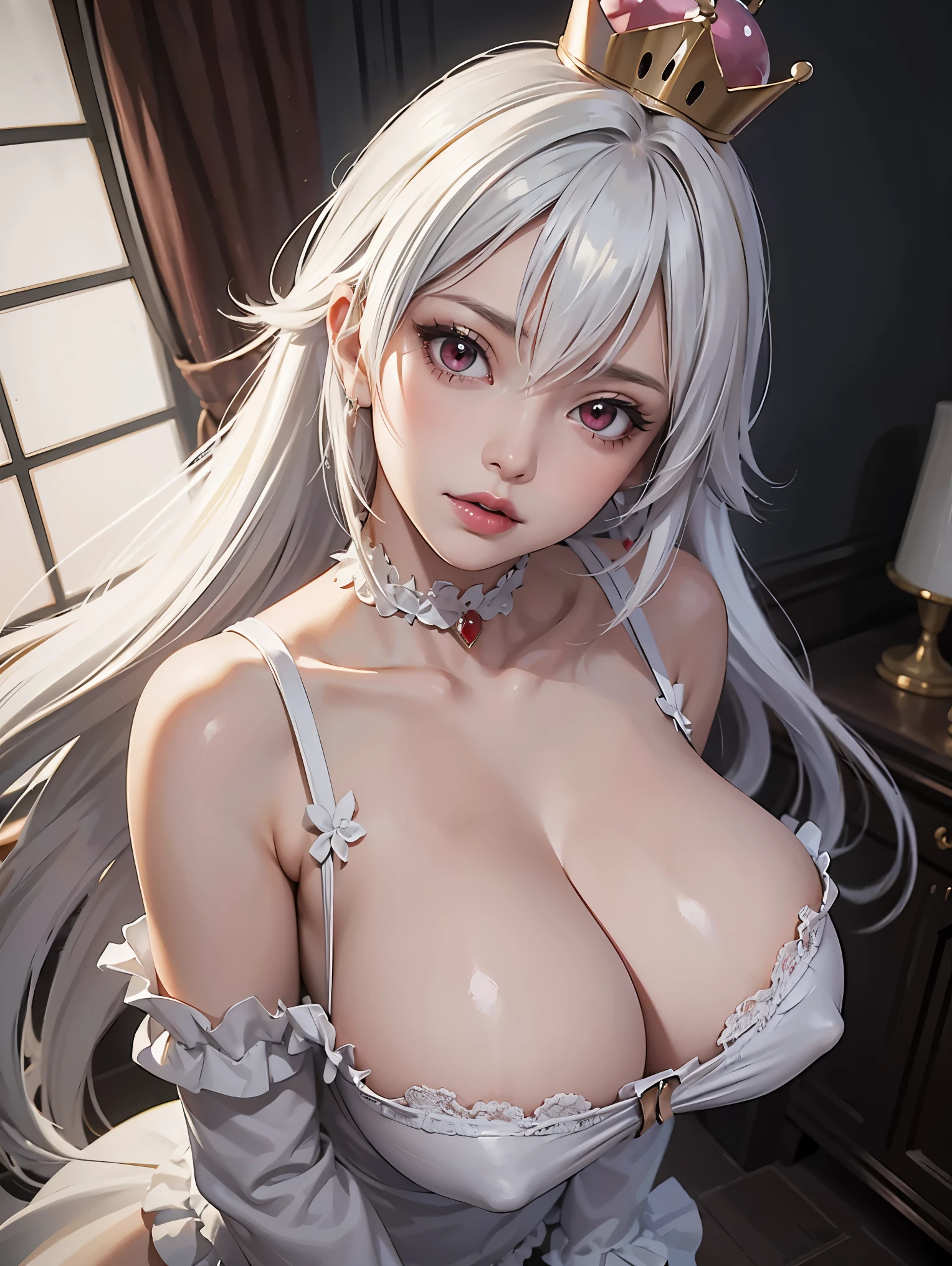 ((high detailed, best quality, 4k, masterpiece, hd:1.3)), ((best quality)), (((HD))), (((8k))), (ultraDH), (ultra HD), Snowy Forest background, snowflake pattern, red eyes, BREAK red eyes, seductive, attractive, smooth anime cg art, 36C breasts, long legs, vivid colors, detailed digital art, slim body, perfect skin, white hair, long hair, light hair, white hair, BREAK crown, cleavage, 36C cleavage, looking at viewer, BREAK looking at viewer, extremely detailed face, earrings, gem, dark white makeup lips, dark gothic eyeshadows, dark eyeshadows, white eyeshadows, white sexy lips, dark lips, very dark lips, (perfect hands, perfect anatomy), white makeup, white medium lips, white thick lips, detailed fingers, five fingers per hand, 5 fingers, (1 girl), detailed lips, detailed white lips, white painted lips, gothic painted lips, BREAK night, night sky, (breast focus), (arms outstreched:1.2), (from above:1.1), (breasts out:1.3), (off shoulder:1.1), (((lingerie))),