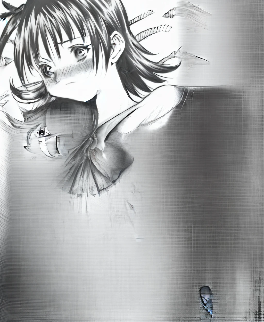 A picture of a girl with a bow on her head, Close-up of Reon Iwakura, chiaki nanami, Another close up of Iwakura, Chiho, detailed manga style, Levi Black Lagoon, shintaro kago, Gray Feather Lian Ming, Tsubasa Nakai's style, Kentaro Miura's manga style