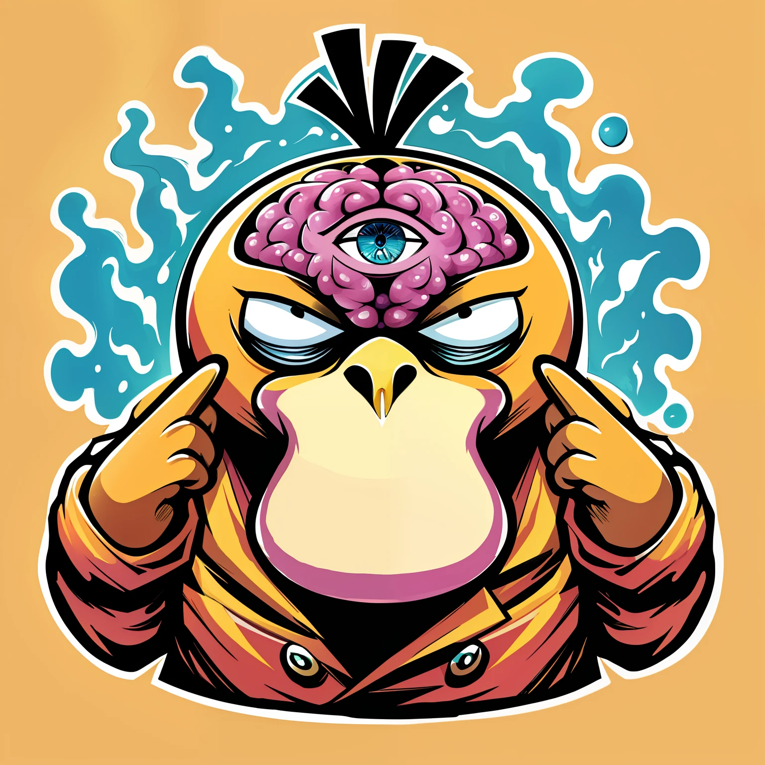 a cartoon duck with a brain on its head, duck concept portrait, mind character, vibrant cartoon art, mascot illustration, fantasy duck concept portrait, lowbrow art style, sentient bird, 3rd eye, scientist is a duck, psychedelic illustration, quackery, pop punk art style, matrioshka brain, pipe brain, lowbrow art, cartoon art style