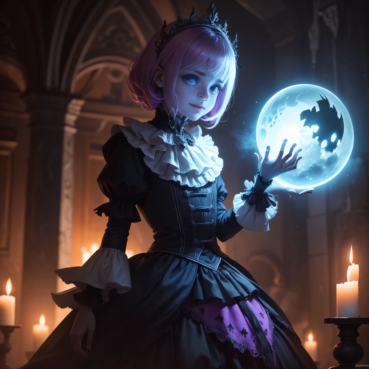 ghost spherical monster, Clown, Bobo da corte, Harlequin, coringa, vibrant outfit, voando pelos ares, segurando, empenhando, martelo, marreta, cartas de baralho, taco de pregos, arma gigante de madeira colorido, powerful ghost weapon. Playful touch, ruined dungeon environment, antiga de um castelo real, atmosfera sombria, elementos macabros, contraste surpreendente. Cena intrigante, joy and mystery wrapped in darkness. Detalhes vivos, cores vibrantes, sinister expression, olhos penetrantes, sorriso macabro, dark mystery. High quality illustration, 8K ultra HD, exceptional visual immersion.