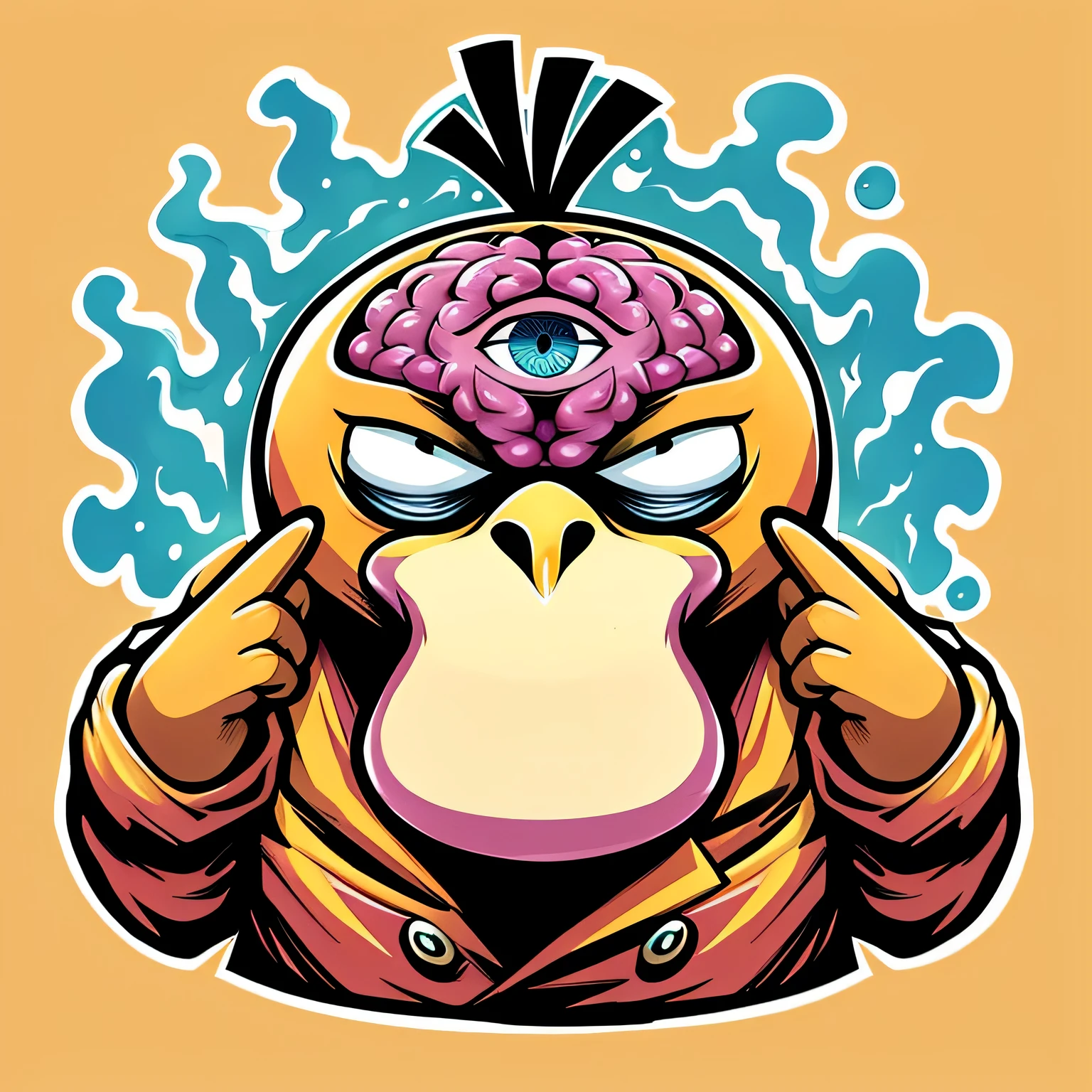 a cartoon duck with a brain on its head, duck concept portrait, mind character, vibrant cartoon art, mascot illustration, fantasy duck concept portrait, lowbrow art style, sentient bird, 3rd eye, scientist is a duck, psychedelic illustration, quackery, pop punk art style, matrioshka brain, pipe brain, lowbrow art, cartoon art style