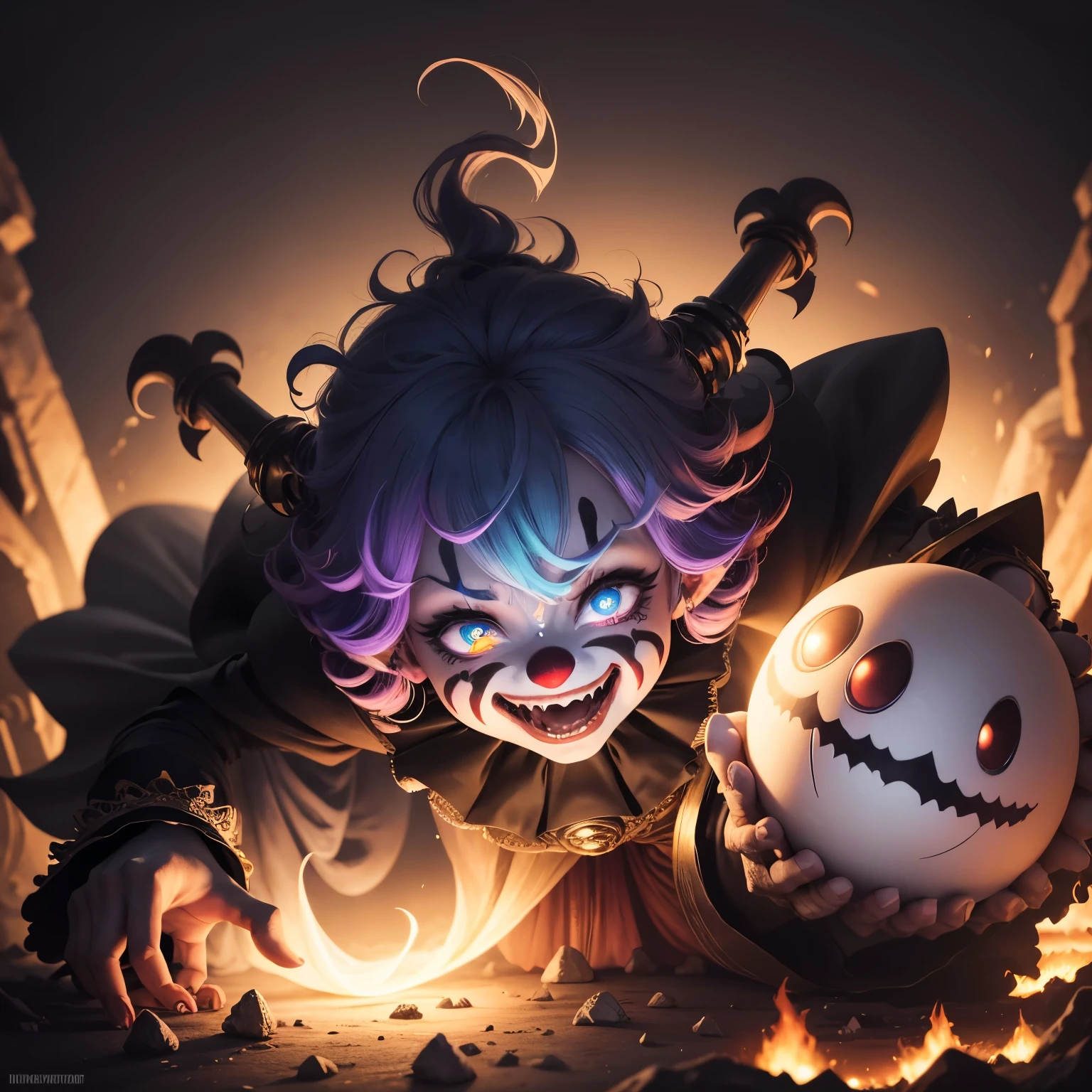 ghost spherical monster, Clown, Bobo da corte, Harlequin, coringa, vibrant outfit, voando pelos ares, segurando, empenhando, martelo, marreta, cartas de baralho, taco de pregos, arma gigante de madeira colorido, powerful ghost weapon. Playful touch, ruined dungeon environment, antiga de um castelo real, atmosfera sombria, elementos macabros, contraste surpreendente. Cena intrigante, joy and mystery wrapped in darkness. Detalhes vivos, cores vibrantes, sinister expression, olhos penetrantes, sorriso macabro, dark mystery. High quality illustration, 8K ultra HD, exceptional visual immersion.