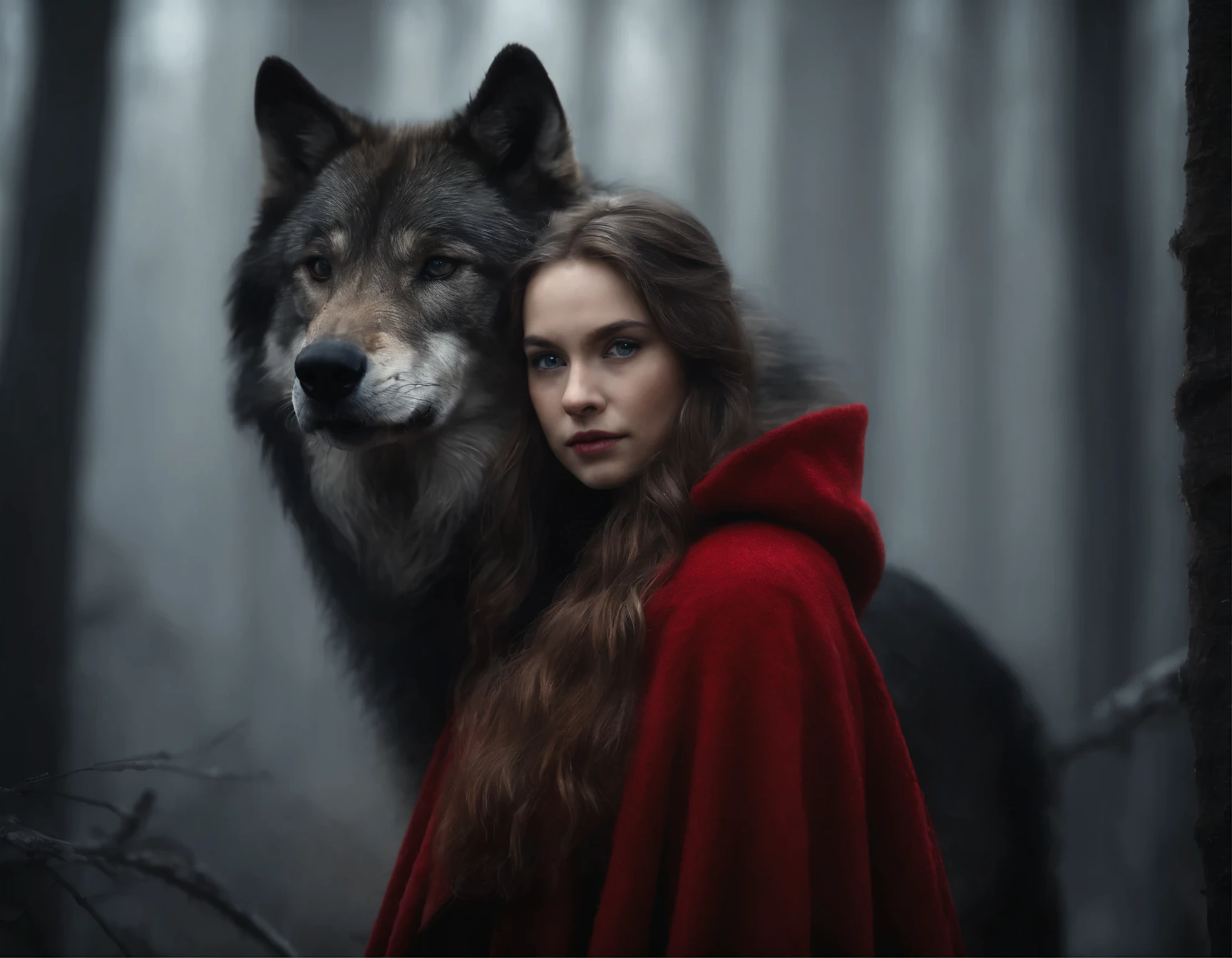 《Girl in red cloak with wolf in dark forest》Detailed digital painting, a photorealistic painting, artsy photography