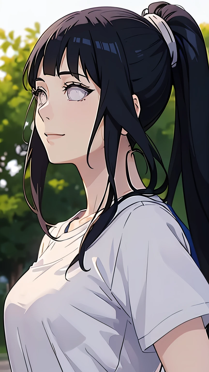 anime character, Hinata Hyuga, plain white t-shirt, selfie, smile expression, potrait, realistic light and shadow, natural, very perfect, very detailed