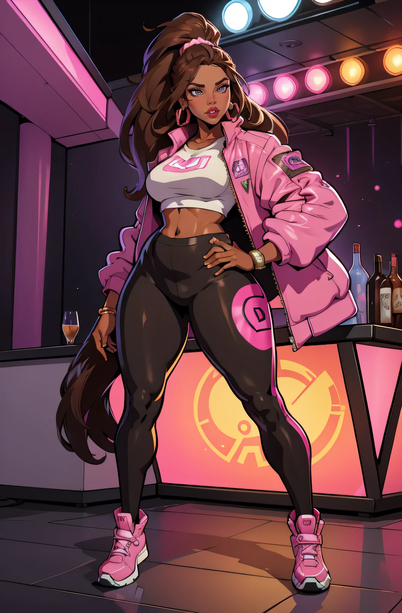 nightclub background with dj booth  (a 35 year old woman) brown skin, solo, 1 girl, portrait, african long hair, super detailed, modern style, direct look, full body wearing leggings and pink jacket