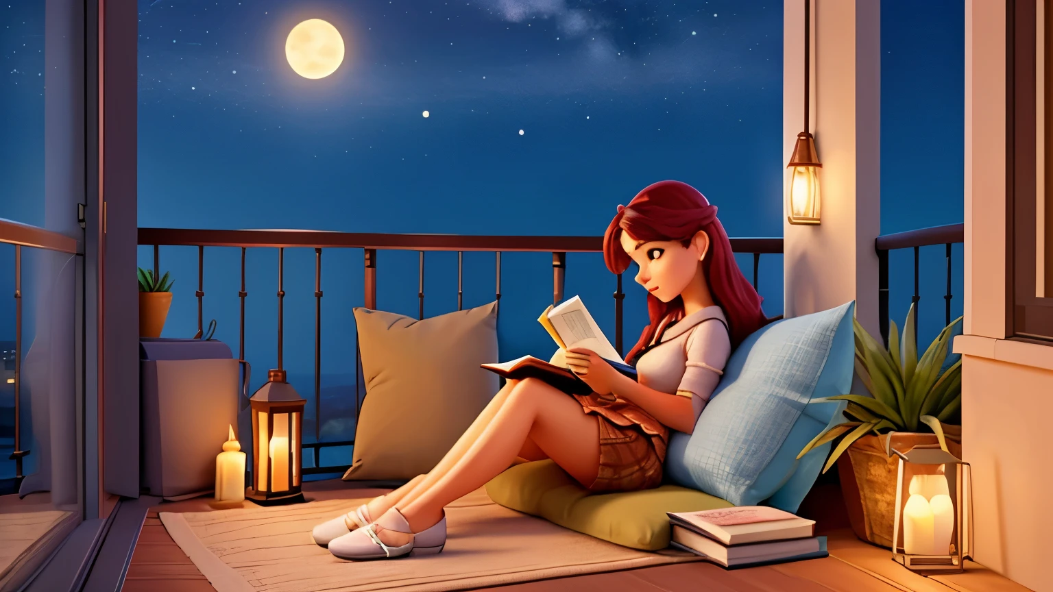 a woman reading a book on a comfortable balcony, durante a noite, com luzes penduradas no teto
