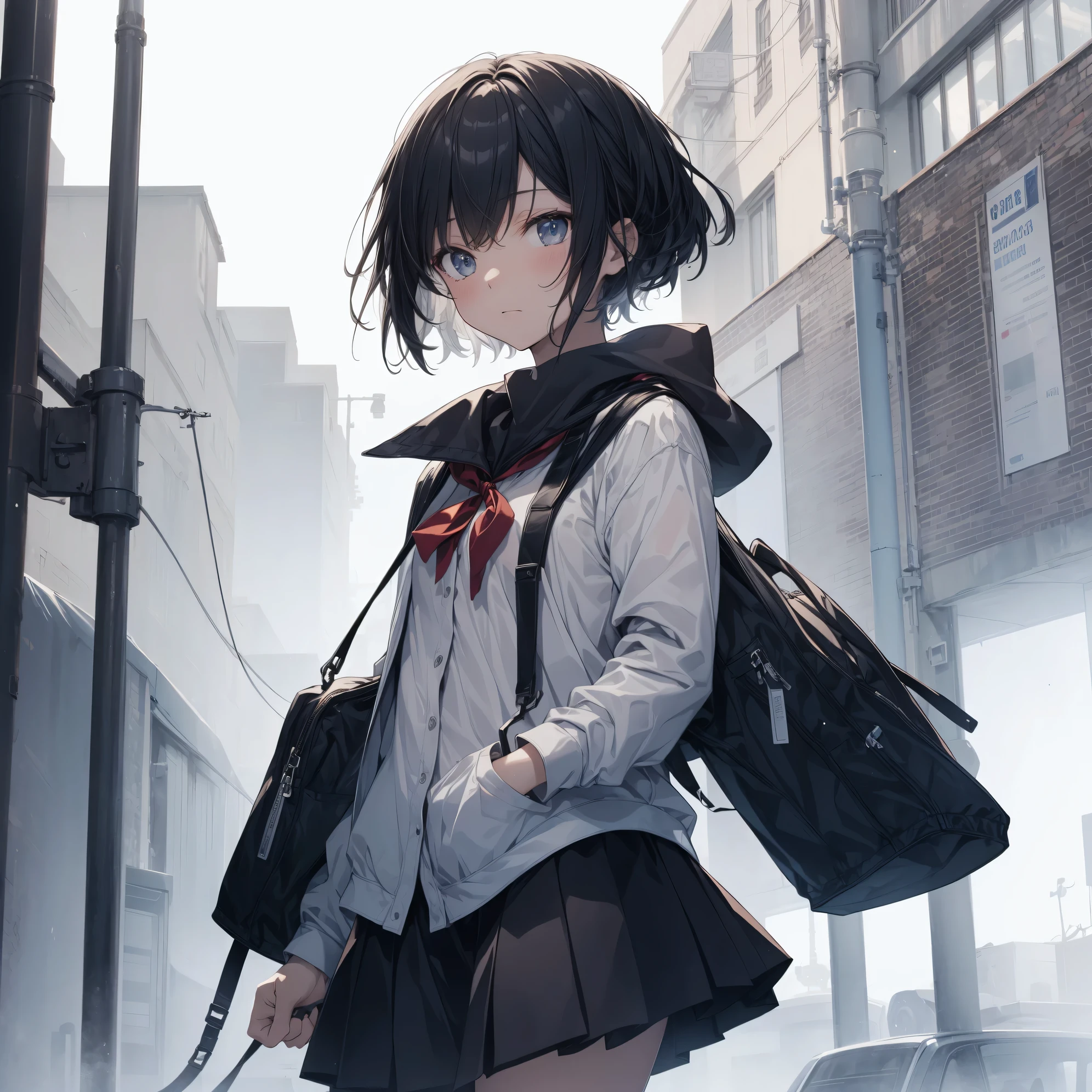 Super high quality by the art god, super detailed, High resolution, anime moe art style, best anime 8K konachan wallpaper, pixiv contest winner, perfect anatomy, break,(眠そうにalone学校へ行く女の子を描いてください. )break, 1 girl, (alone,little woman, ta, , 13 y),All limbs, full finger,, The charm of an immature body, (very short hair), flat chest, small ass, between legs, Small black eyes, beautiful and fine eyes, Well-proportioned iris and pupils, expressive eyes, High resolutionの詳細な髪, skirt, collared shirt, neck ribbon, pleated skirt, school uniform, shirt, white shirt, (detailed lighting), (detailed background), On the way to school. break,super dense skin, Best lighting by famous artists, 8K, figure,UHD, rough skin