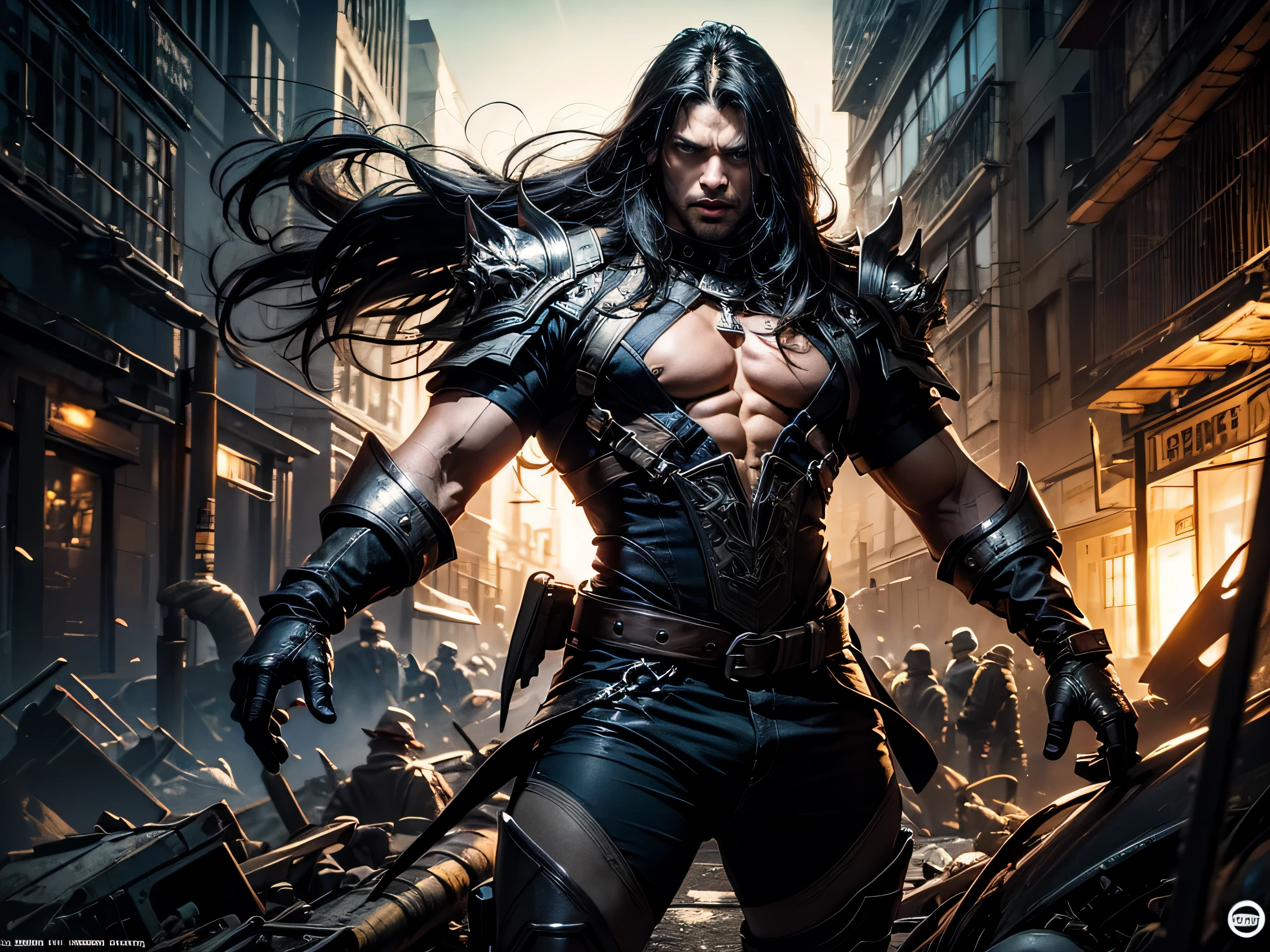 1 hombre guapo y musculoso, post apocalyptic, guerrero, Rostro y cuerpo perfectamente detallados, para la portada de la revista Heavy Metal, dynamic pose, cabello hermoso y detallado, ropa de cuero, Realista, fotorrealista, 8k, Fotos CRUDAS, Calidad premium, obra maestra, epic lighting. de cerca, Imagen centrada