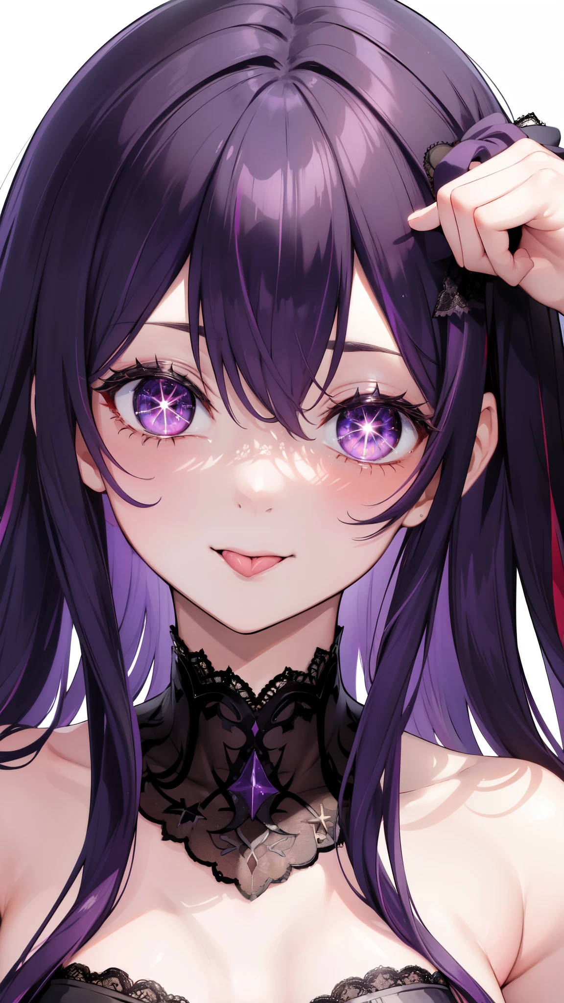 anime, beautiful face, highly detailed face, purple detailed eyes, star shaped pupils, highly detailed background, perfect lighting, best lighting, hair ornament, full body, 1girl, solo, ai hoshino, oshi no ko, indoors, (beautiful purple hair:1.2), detailed thighhighs, absurdres, high res, ultrasharp, 8K, masterpiece, looking at viewer, out of breath, clear mouth wide open, sticking out beautiful tounge, steamy breath, BREAK detailed black sexy body lingerie, (intricate all lace:1.3), (transparency:1.6), (extremely close up:1.3), (close to face:1.3)