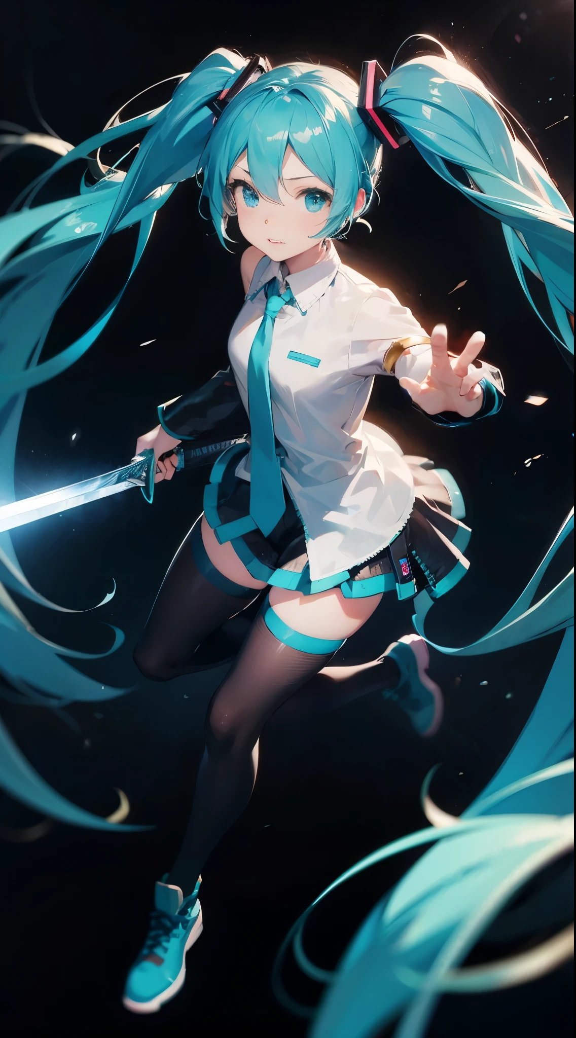 最high quality、best image quality、masterpiece、girl((cyborg、20-year-old、 By becoming、vest bust、medium bust,wide open breast tea、shining eyes, light blue hair、long hair、thin,highest valley、ponytail、robot body、Machine body、half-backed posture、floating state、mechanical sword、sharp mechanical wings、shiny boots、black underwear、black skirt、discharge from the whole body,)),high quality、beautiful art、background((Near future、Machine area、energy field))、Flight、debris flies、Depth of written boundary、movie、visual art、perfect art、8k,genuine、