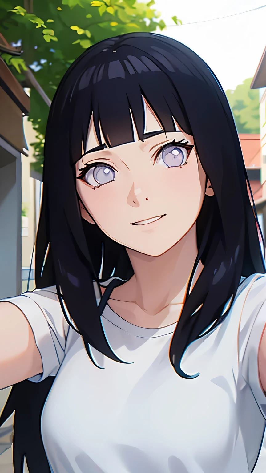 anime character, Hinata Hyuga, plain white t-shirt, selfie, smile expression, potrait, realistic light and shadow, natural, very perfect, very detailed