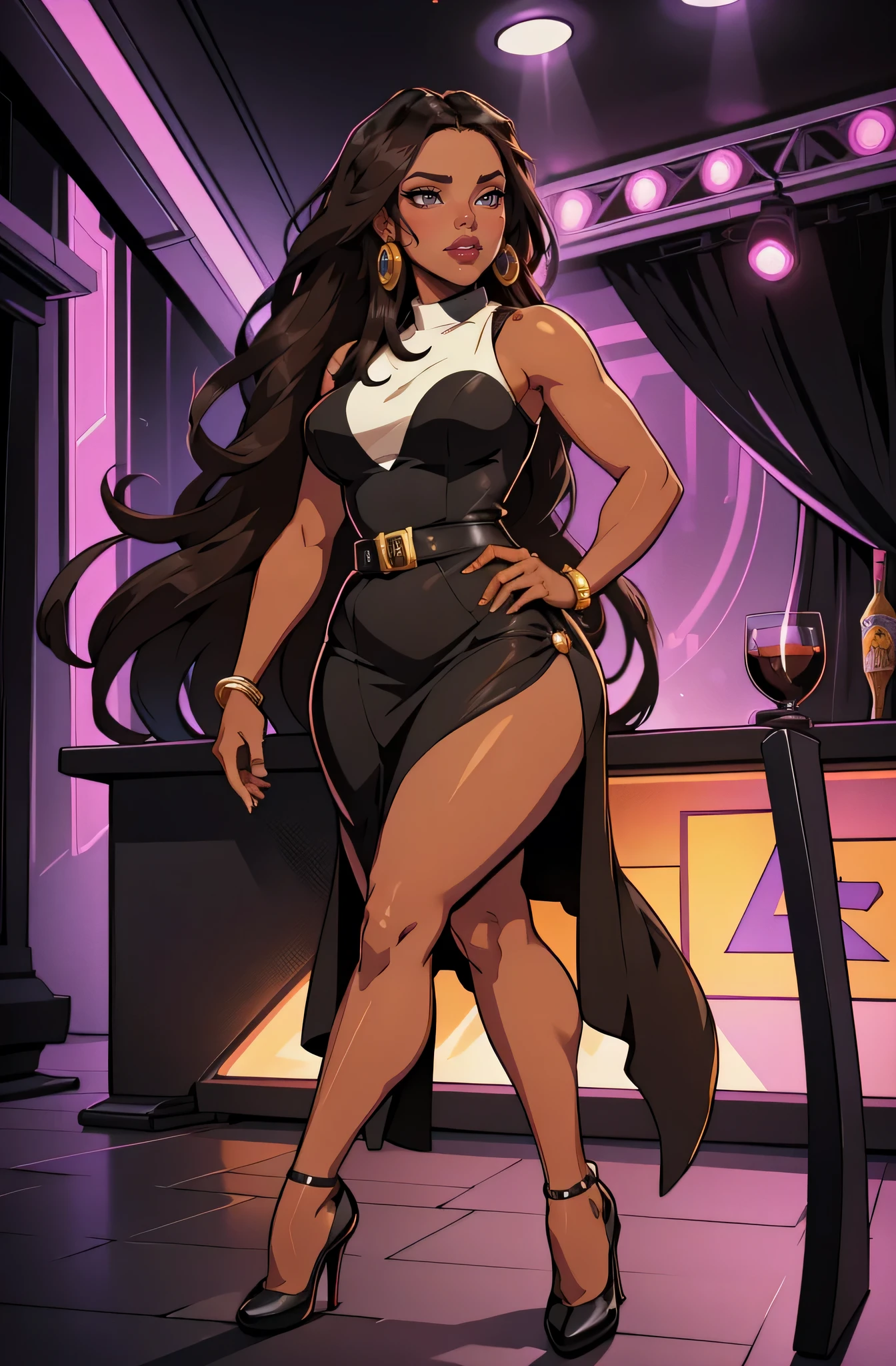 nightclub background with dj booth  (a 35 year old woman) brown skin, solo, 1 girl, portrait, african long hair, super detailed, modern style, direct look, full body wearing leggings and pink jacket