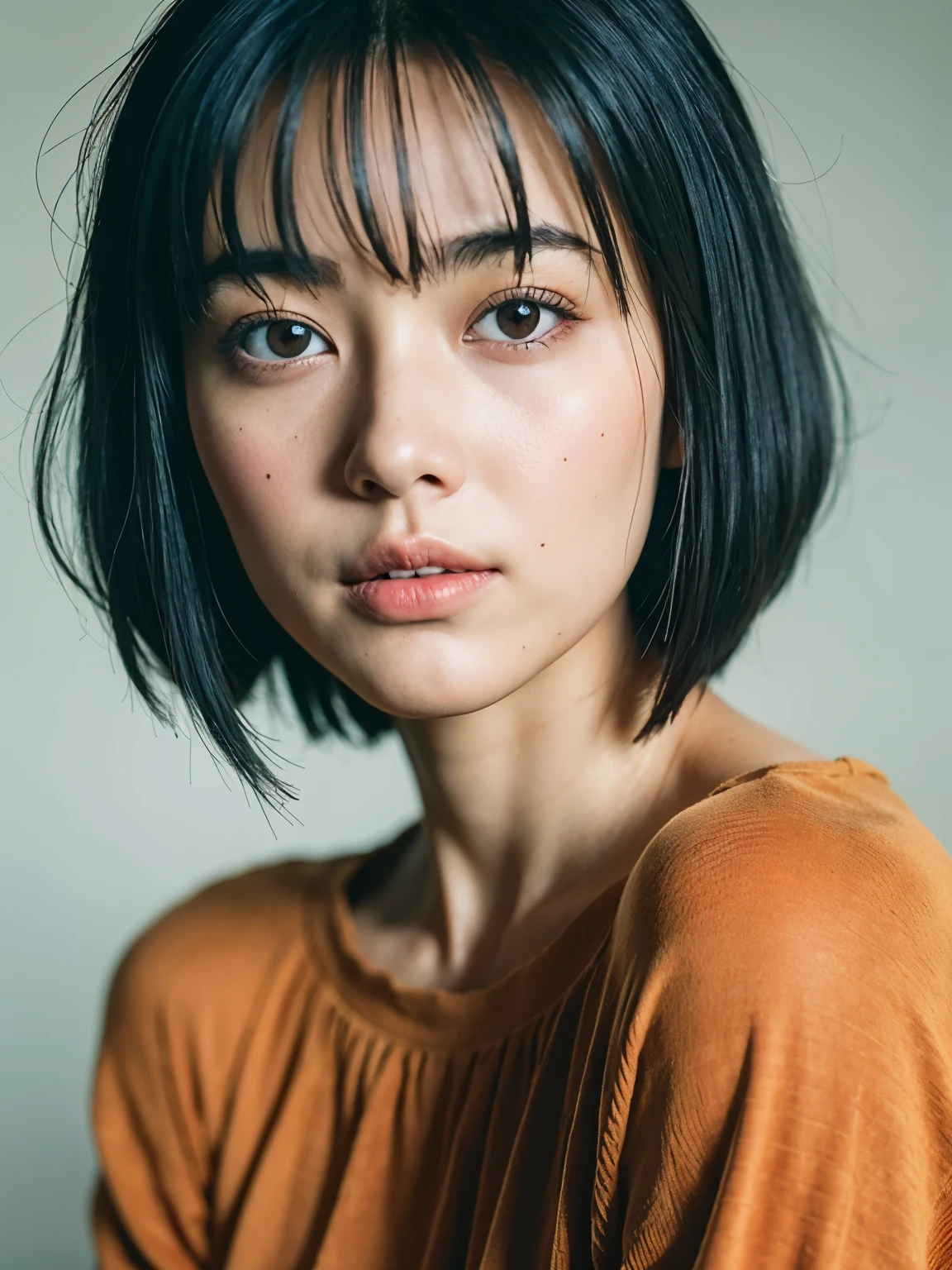 最high qualityの, 1 beautiful woman, 35 years old, s, 35mm lens, f/1, Cowboy shot、young adorable japanese face, Young cute Japan face, Japan girl with short hair,bright hair color, beautiful young japanese woman,High resolution,超realistic,super detailed,high quality,Nogizaka idol type,Nordic beauty, realistic, portrait photography, Photoreal, fine skin, Concrete background、tile background、long sleeve dress、Shot in natural light