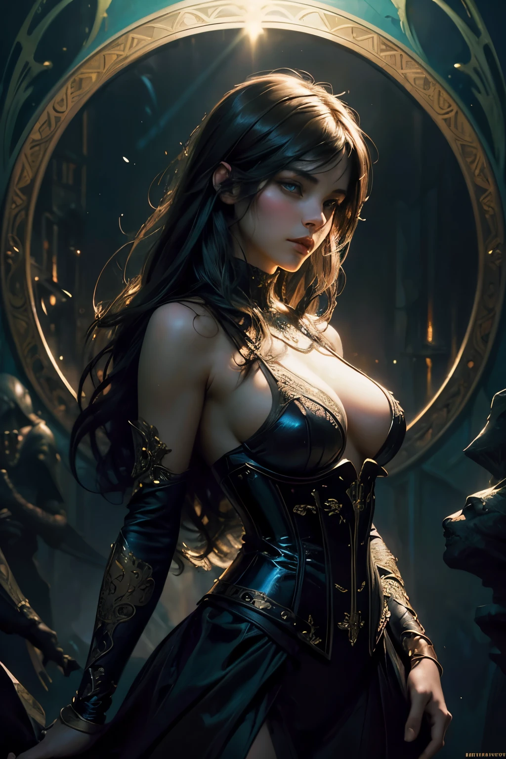 (Stunning Painting of a Perfectly Beautiful Female Succubus with Slender Figure and Large Breasts, Shapeless Long Hair, Perfection in Features, Wearing an Extremely Baroque Revealing Corset, Upper Body Shot Facing the Camera, Abstract Beauty Approaching Near Perfection, Pure Form Exhibited, Dynamic and Elegant Pose, Ethereal and Mystical Background, Deep Dark Shadows Enhancing her Features, Strong Cinematic Lighting, Backlighting for Dramatic Effect, Concept Art by Greg Rutkowski, John William Waterhouse, and Alphonse Mucha, Detailed and Intricate Artistry Dep