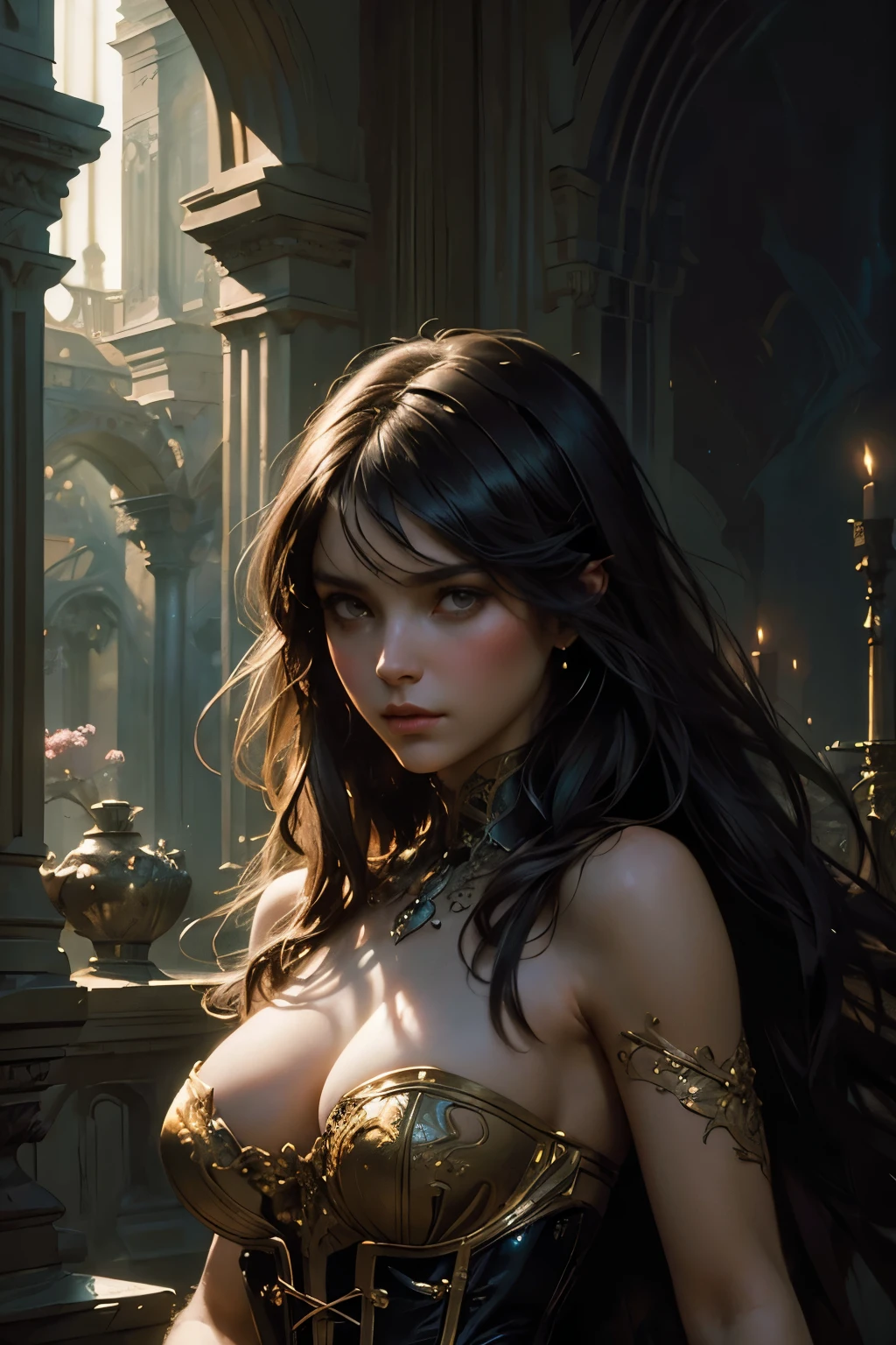 (Stunning Painting of a Perfectly Beautiful Female Succubus with Slender Figure and Large Breasts, Shapeless Long Hair, Perfection in Features, Wearing an Extremely Baroque Revealing Corset, Upper Body Shot Facing the Camera, Abstract Beauty Approaching Near Perfection, Pure Form Exhibited, Dynamic and Elegant Pose, Ethereal and Mystical Background, Deep Dark Shadows Enhancing her Features, Strong Cinematic Lighting, Backlighting for Dramatic Effect, Concept Art by Greg Rutkowski, John William Waterhouse, and Alphonse Mucha, Detailed and Intricate Artistry Dep