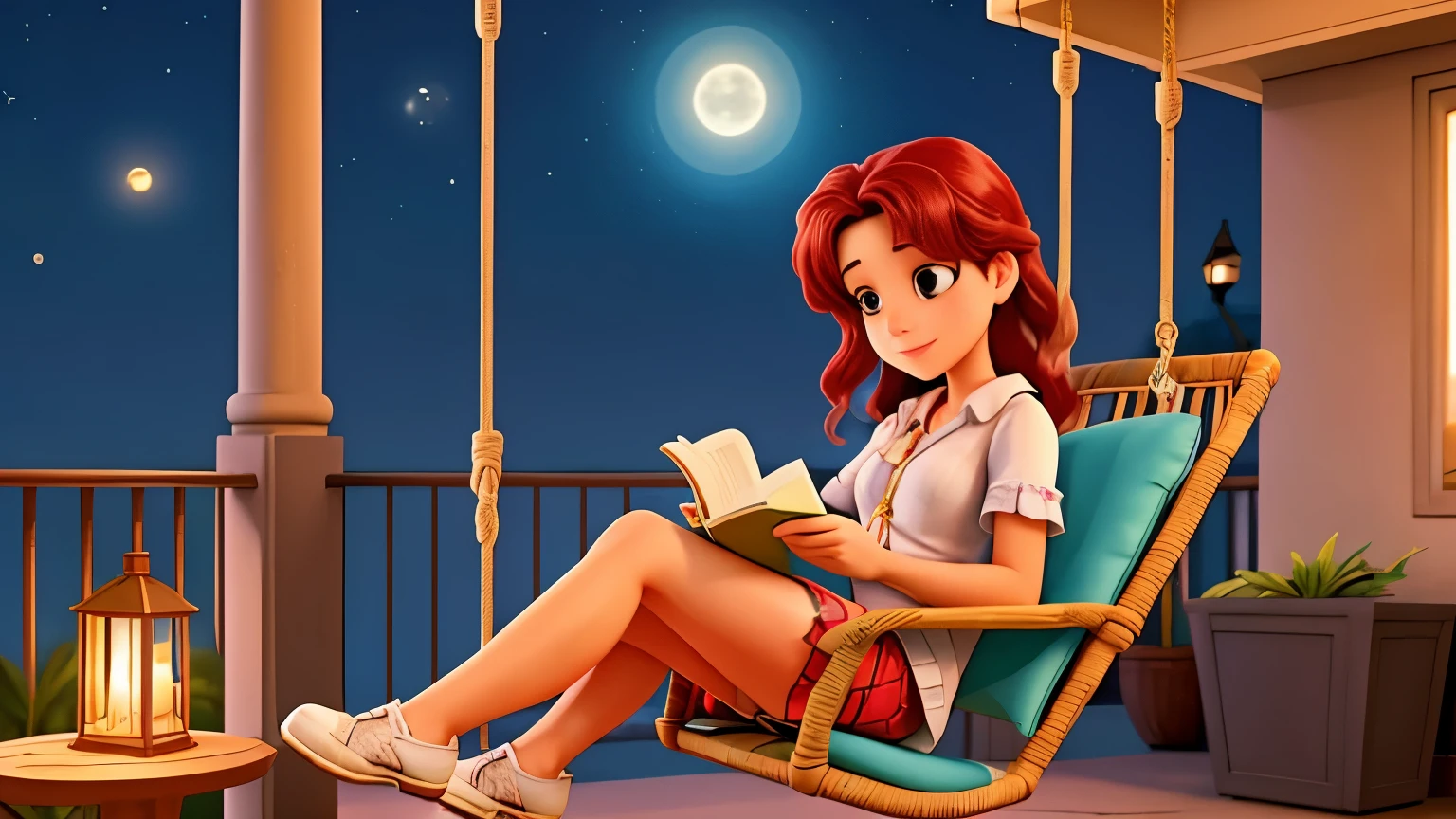 a woman reading a book on a comfortable balcony, sitting on a swing, durante a noite, com luzes penduradas no teto