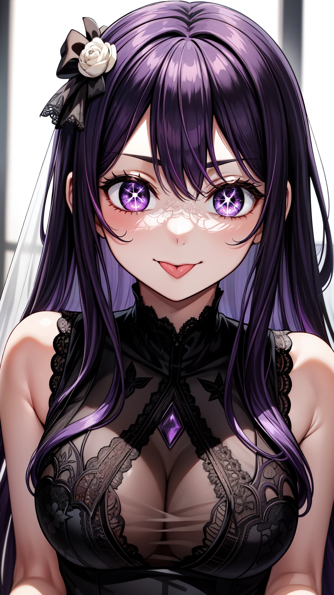 anime, beautiful face, highly detailed face, purple detailed eyes, star shaped pupils, highly detailed background, perfect lighting, hair ornament, 1girl, solo, ai hoshino, oshi no ko, indoors, (beautiful purple hair:1.2), detailed thighhighs, absurdres, high res, ultrasharp, 8K, masterpiece, looking at viewer, (loving smile:1.1), (fully sticking out beautiful tounge:1.3), BREAK detailed black sexy body lingerie, (intricate all lace:1.6), detailed black heels, (transparency:1.6),(extremely close up:1.4), (close to face:1.3)