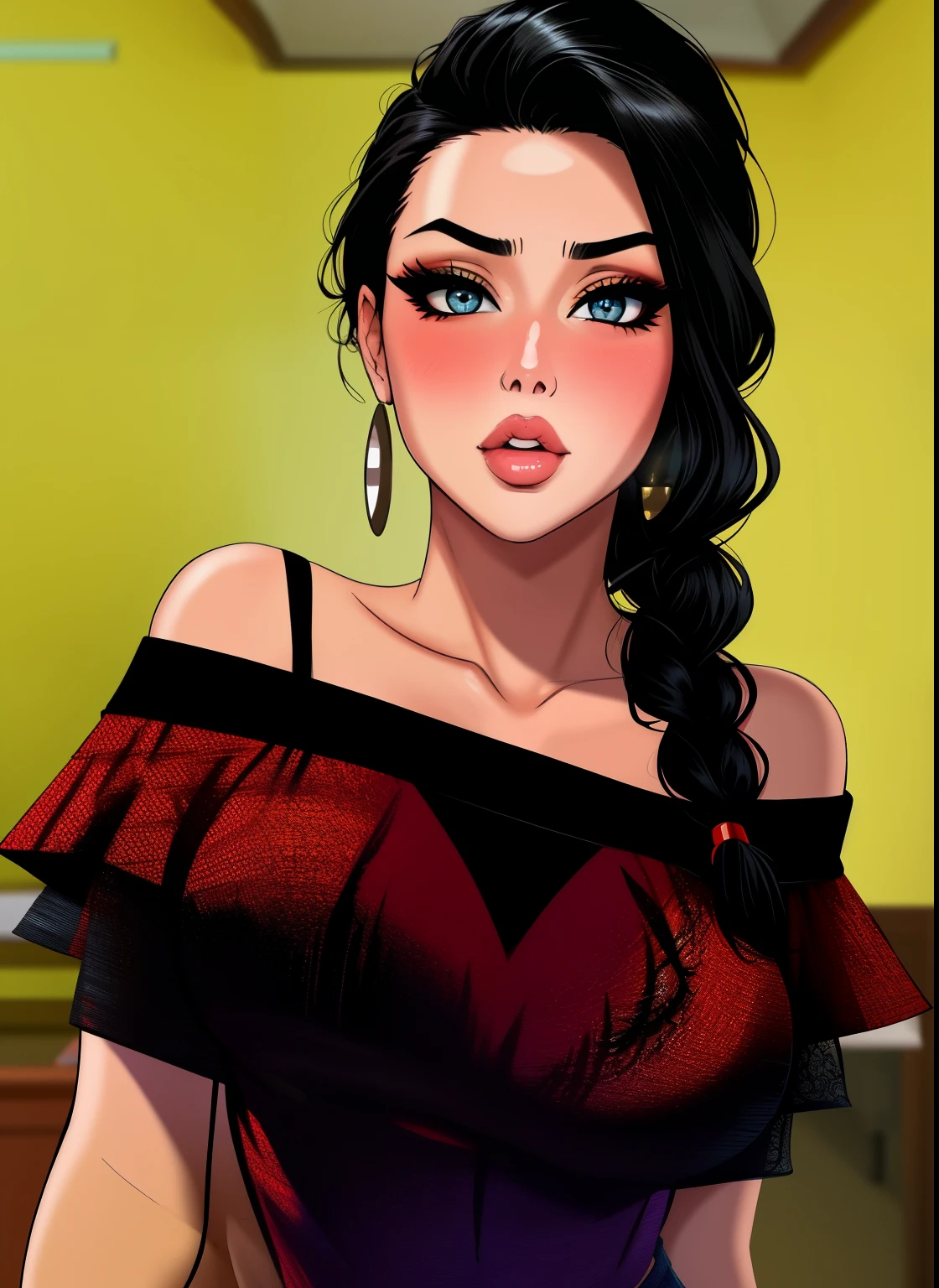 Sexy woman, black hair, single braid, seductive eyes, intense gaze, mouth parted, deep blush, flustered, beautiful face, amazing makeup, off shoulder t shirt