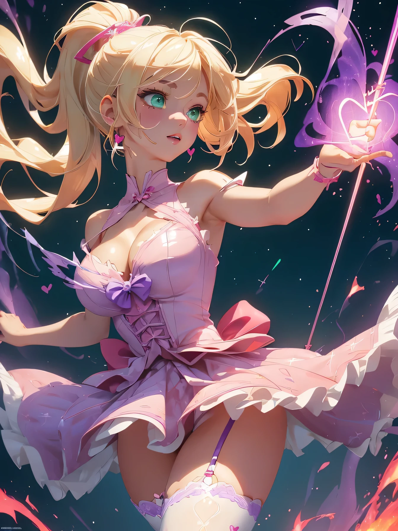 nsfw:1.1, high resolution:1.7, incredibly absurdres, kawaii:1, cute:1.5, hires.fix,anime visual:1,incredibly fine illustration,8k,masterpiece:1.2,best quality, high quality, exquisite, beautiful,insanely detailed, intricate detailed, extremely detailed, Super Definition,ultra high res, Super Resolution, best aesthetic, ultra detailed:1.5,best quality, perfect face, detailed face, masterpiece:1.2, illustration:1.2, 8k cg wallpaper, stunning art,absurdres,octane render,ultra hires,
Japanese Actress,(Idol),18yo,Beautiful,(Cute and lovely),cute girl,((anime elf with extremely cute and beautiful blonde hair)),((((blonde hair:1.35,colored inner hair,ear breathing)))),(((green_eyes:1.3))),intricate eyes,beautiful detailed eyes,symmetrical eyes,big eyes:1.5,enchanting bright eyes studded with gold and silver dust,(((pinky skin,glowing_skin,lustrous skin:1.5,bright skin: 1.5,skin tanned,shiny skin,very shiny skin,shiny body,plastic glitter skin,exaggerated shiny skin,illuminated skin))),upward breasts,waist slender,(detailed body,(detailed face)),cute,daring,zettai ryouiki,show skin,best relationship with four fingers and one thumb,Very Fine Face and Eyes,Very Fine Hair,(Perfect Anatomy),((girl trembling with sexual climax)),parted_lips,plump lips,Garter Belt,Bare shoulders,Check out our thru-rack chokers and midi rings with chains,white side-tie panties,
1girl,(magical girl flying in the night sky),(Holding a magic wand:1.3),Are standing,(cleavage),(thigh focus),pink long blonde,ponytail,Accurately drawn face,(intricate pink and white dress),Layer Dresses,super mini skirt,(I can see your butt),white leather knee high boots,torn clothes,broken clothes,vivid contrasting colors,intricately designed details,(heart shaped pink effect:1.5),(dynamic pose),(Ghost Smile),(open your arms:1.5),(Sparks dance in the night sky:1.3),(purple flame:1.5), (red fire:1.5),(purple flame katana:1.3), (swing a purple flame sword:1.3),
battle,fight,(action pose: 1.4),(vengeful spirit come's attac