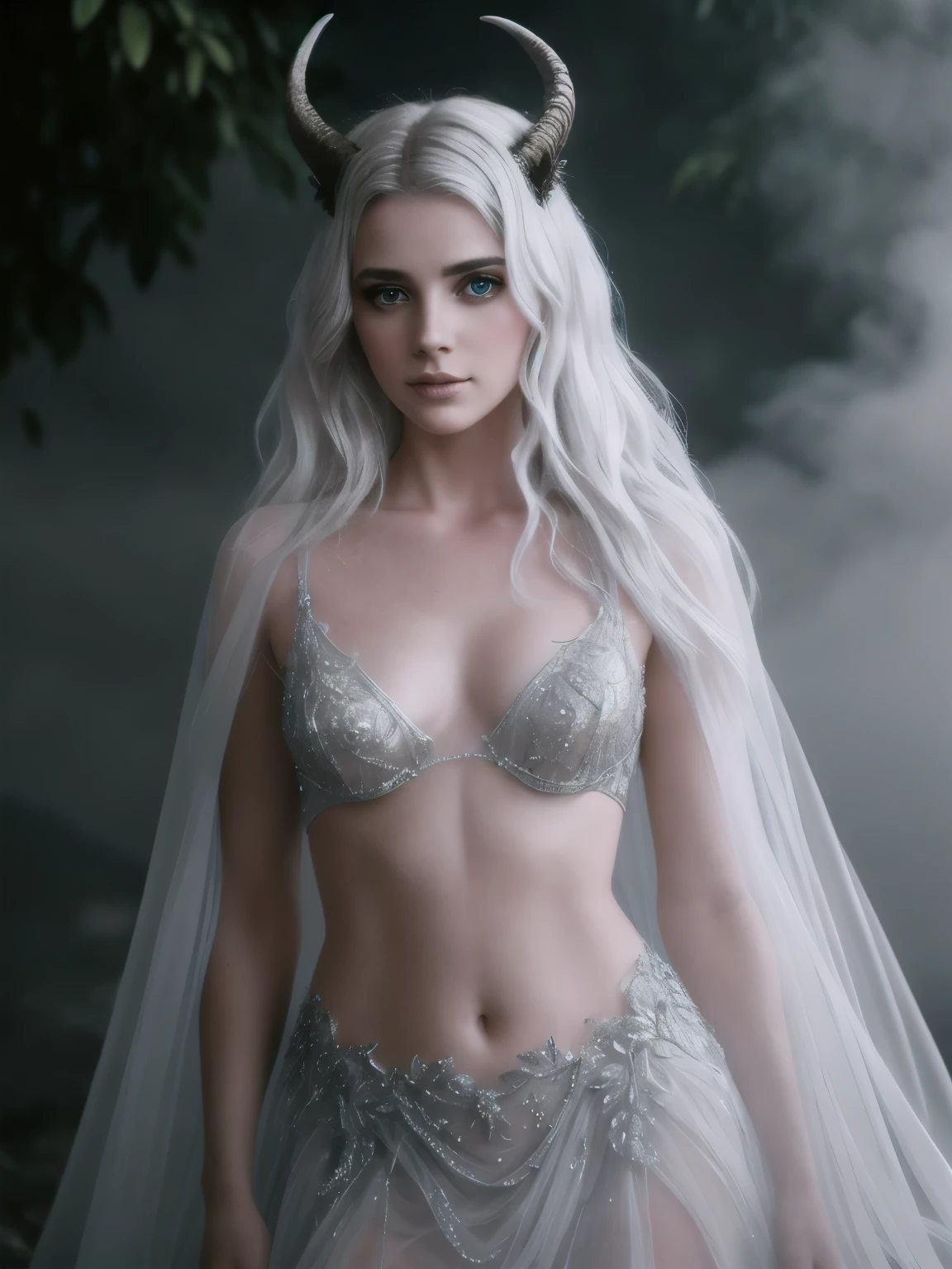 (Realistic:1.2), A beautiful woman with goat horns. Intricate dress with uncovered tummy made of gray tulle, silver glitter, small gray crystals and dried branches. Luis Royo style. Intense and captivating look, extremely sexy. Long, wavy, white hair. Mountains, stones, intricate, detailed, intricately detailed, luminous fantasy translucent ghostly crystal, holographic data, soft body, shadow play, fog, atmospheric, cinematic, light film, hyper detailed, hyper realistic, analog photostyle, film grain, depth of field, bokeh, detailed beautiful eyes and perfect face, high contrast, 16k, best quality