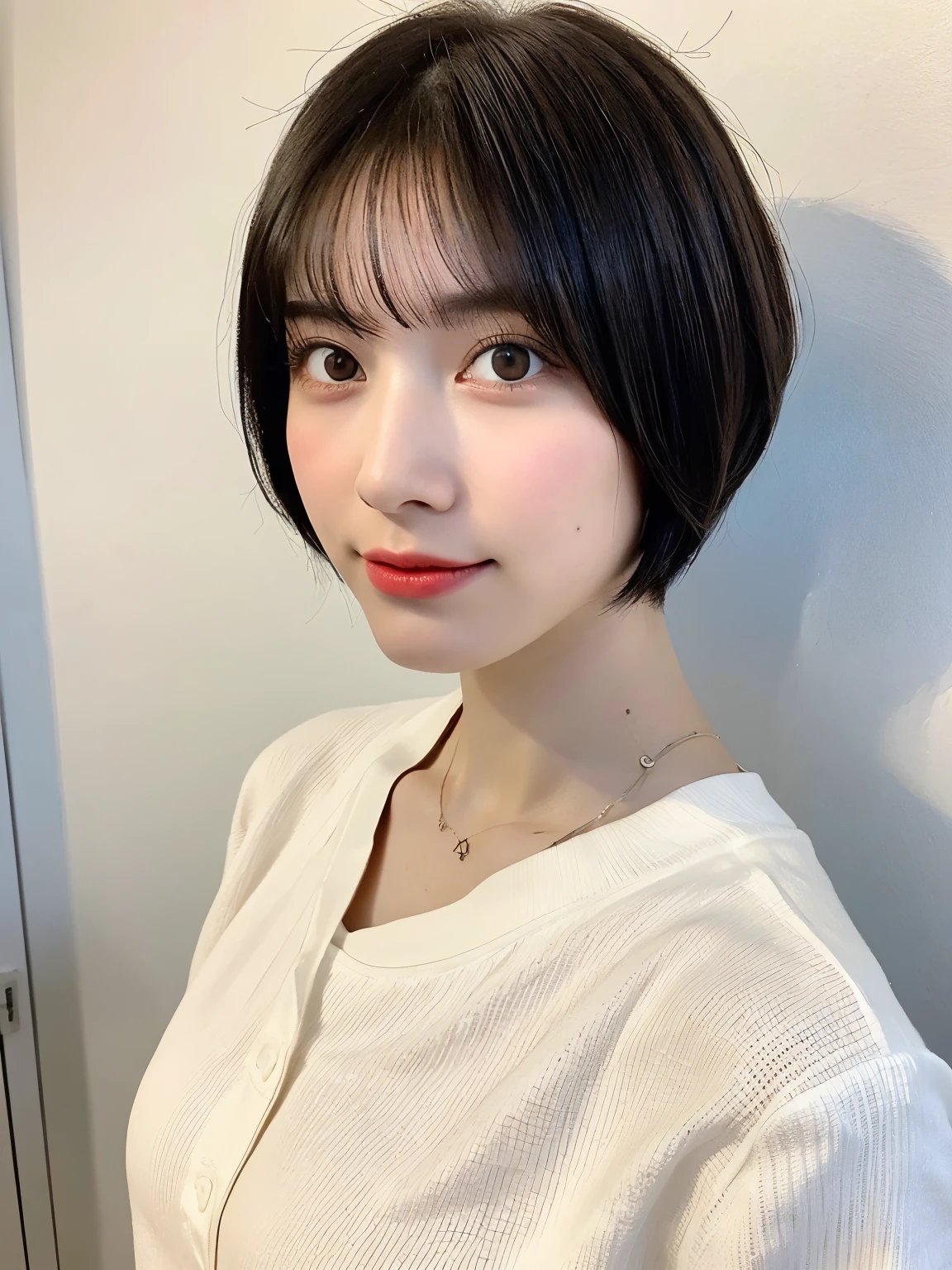 ((highest quality, 8K, masterpiece :1.3)), 1 girl, (medium short hair :1.2),Taken in front of a white wall、Shot in natural light、pastel cardigan :1.1, Angle from above、super detailed face, fine eyes,(Highly realistic photos, High resolution, detailed face, fine eyes)、japanese woman, 35 years old, Variety of facial expressions, alone:1, different hairstyles, casual clothes, Only one person appears in the photo、long sleeve dress、Shot in natural light、simple necklace、Spring clothes、Don't look at the camera、profile、Dark brown hair color