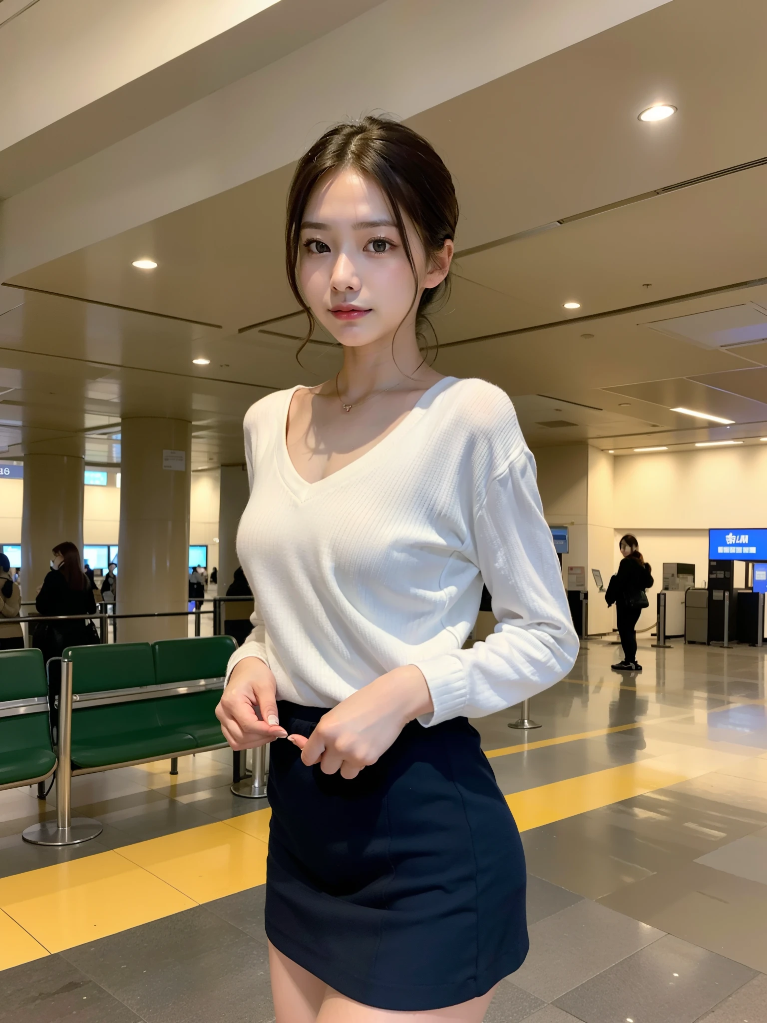 ((Best of the highest quality, 8k, Masterpiece: 1.3, raw photo)), Sharp focus: 1.2, (1 AESPA girl: 1.1), (Solo: 1.18), (realistic, photo-realistic:1.37), face focus, cute face, finely eyes, (Small breasts, flat chest, Thigh: 1.3), short messy hair, updo, (full nude, skirt, standing, from below: 1.2), terminal, airport,