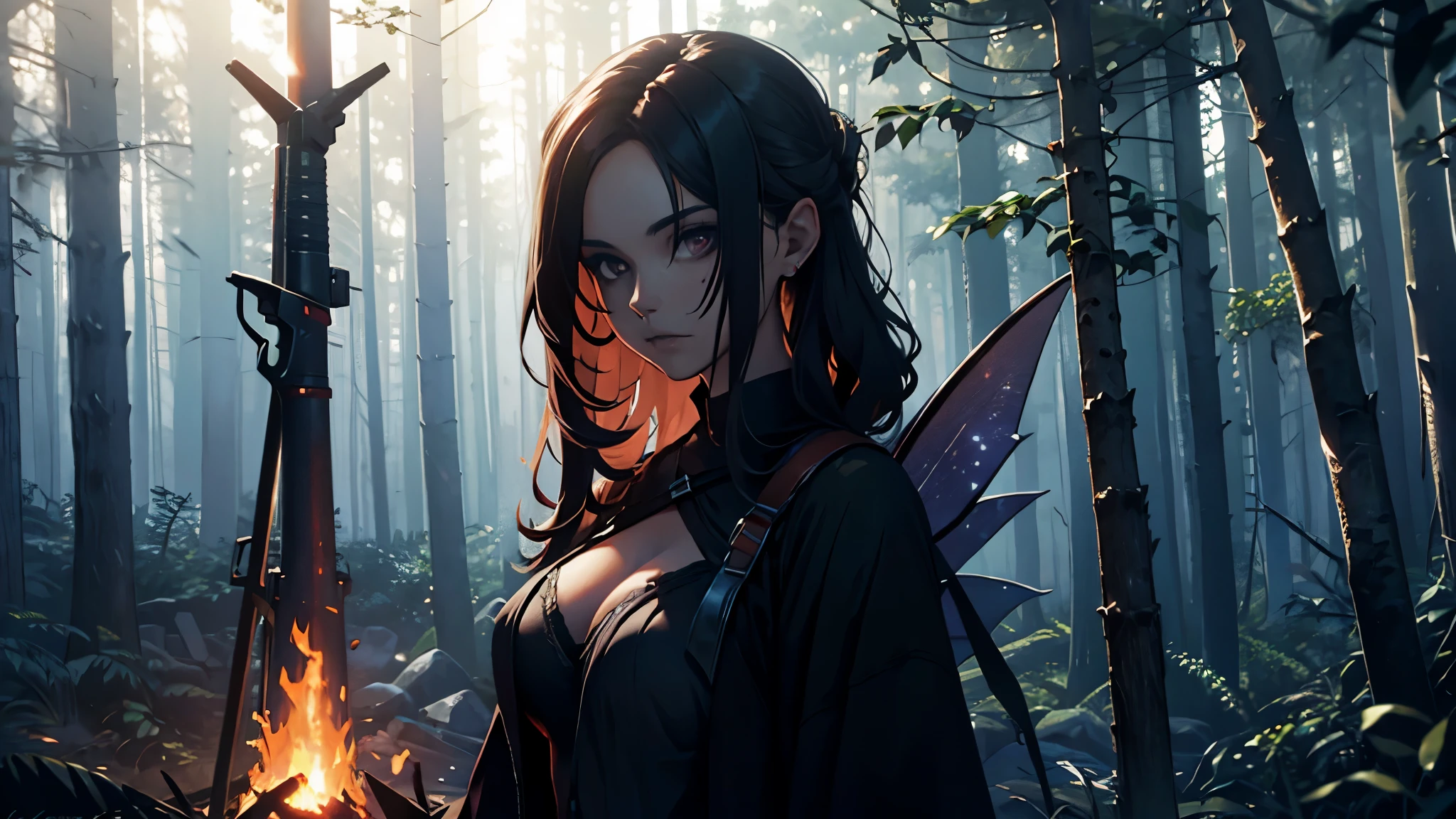 dark fairy, the forest, a lot of fire, corpses, Weapon, a lot of blood