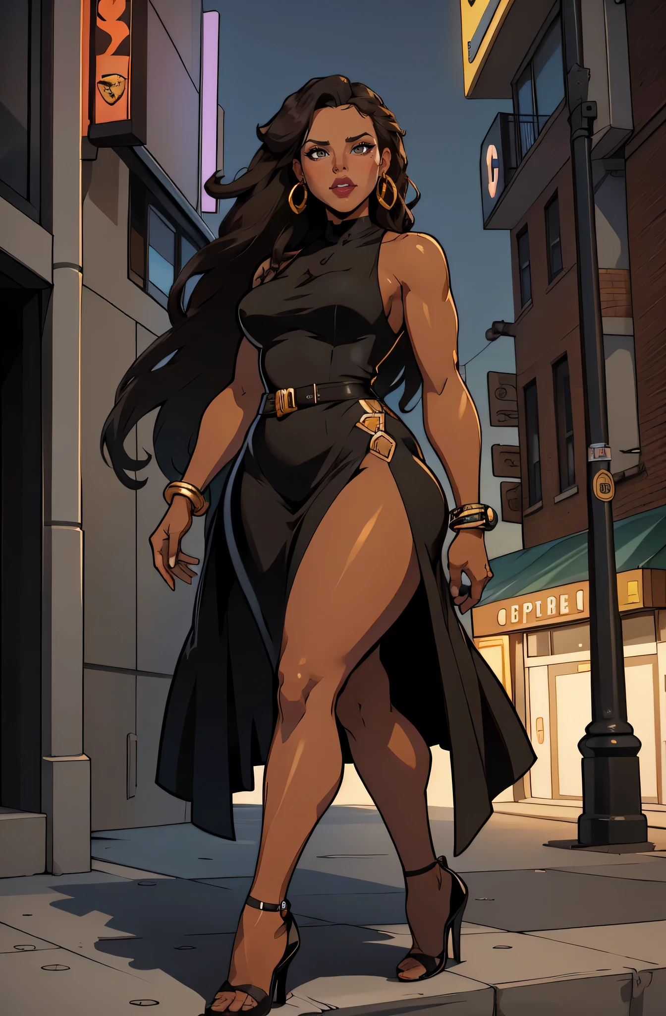 outside of a nightclub and a porsche 911background (a 35 year old woman) brown skin, solo, 1 girl, portrait, african long hair, super detailed, modern style, direct look, full body wearimg black dress