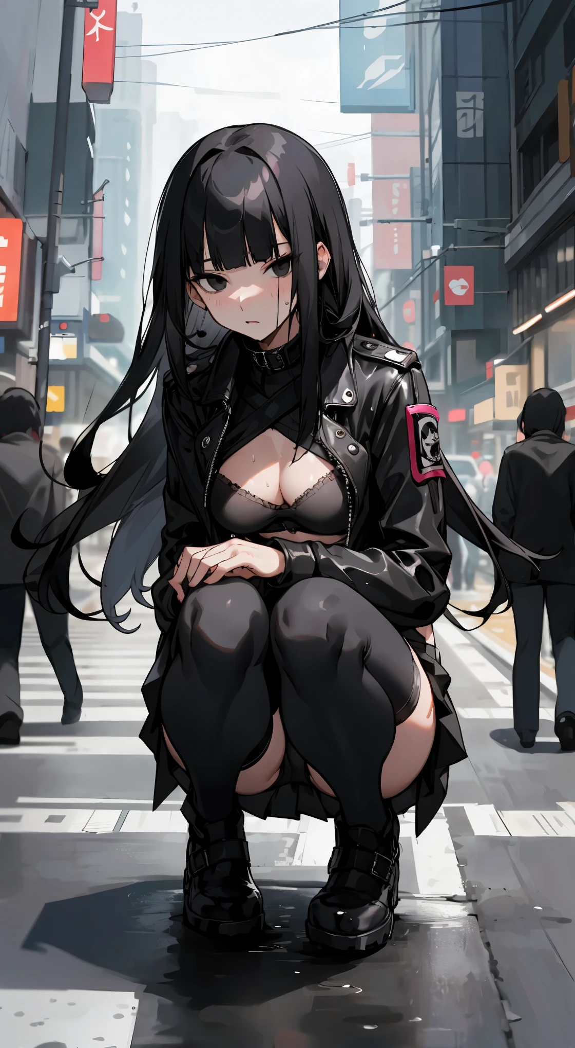 Perfect Anatomy, 1woman solo,20 year old beauty、black hair,long  hair,blunt  bangs,black eyes,shy look、slender body, ideal ratio body proportions,medium breasts,squatting,sweat,,punk rock fashion、black leather jacket、black bra、Navel is visible、Black miniskirt、pleated skirt、wet crotch、beautiful black panties、thigh_gap, black_thighhighs,outdoor、bustling street、neon、Tokyo、