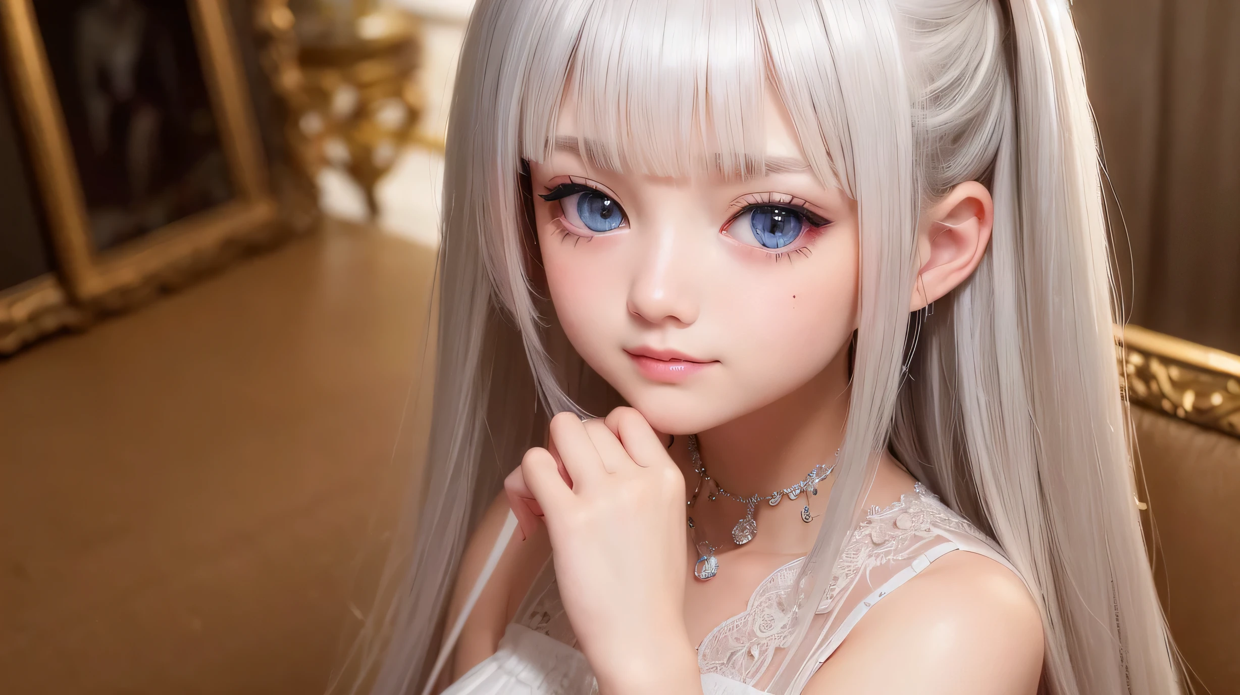 light smile、natta、Raw photo、(((Portrait of extreme beauty)))、((glistning skin))、1 girl、16 year old beautiful girl from Prague、bright look、((platinum blonde hair))[Big blue eyes that shine like jewels]、Glossy and shiny skin、Silky super long straight hair、eyeliner、beautiful bangs、hair between eyes、((masterpiece、highest quality、Super fine、film light、intricate details、High resolution、ighly detailed))、Detailed background、8KUHD、digital single lens reflex、soft light、high resolution、film grain、Fujifilm XT3、shallow depth of field、natural soft light、(don&#39;t use your hands)、Kamimei、fresh bust