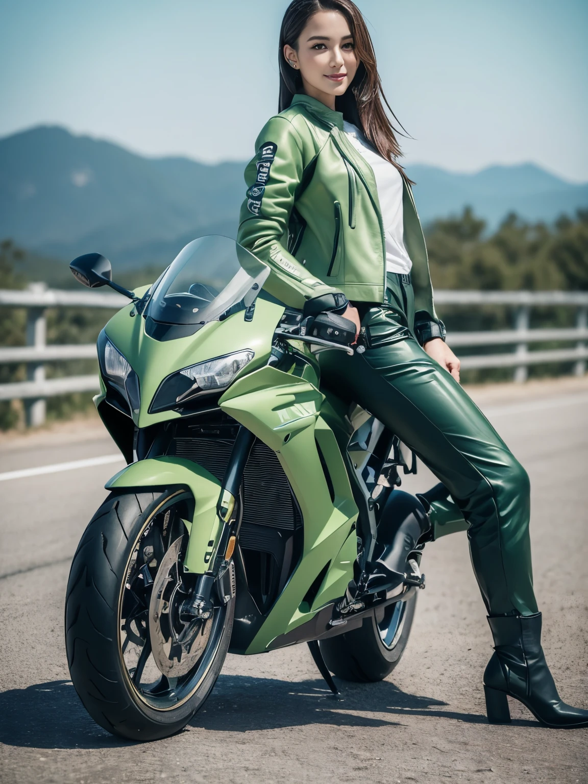 ((highest quality, 8K, masterpiece: 1.3)), sharp: 1.2, perfect body beauty: 1.4,(((Woman on motorcycle))),slender body,((Light green long sleeve motorcycle jacket and black long pants)),Highly detailed face and skin texture,((full body shot)),Natural light,smile、Rider Boots、long legs