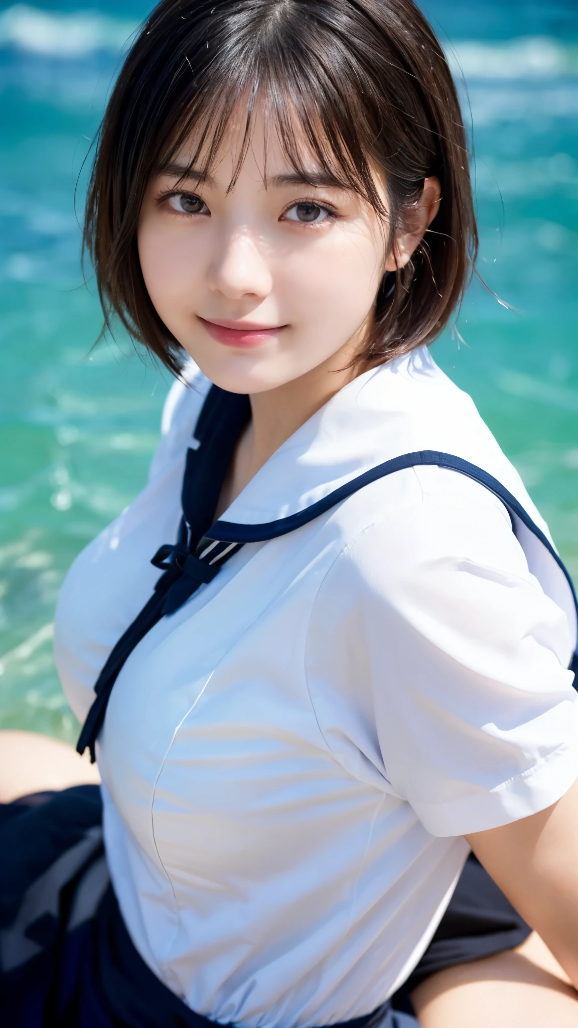 (highest quality,masterpiece:1.3,ultra high resolution),(Super detailed,caustics,16k),(photorealistic:1.4,RAW shooting),ultra-realistic capture,close-up of human skin,natural skin texture,Pores are detailed enough to be easily identified,Healthy skin and even tone,Use natural light and color,18-year-old,Japanese,cute,black short hair,Smiling and looking at the camera,(sailor suit),sit,big breasts,shot from the waist up,(face focus:1.3),(Face close-up:1.3),(low position:1.4),(Low - Angle:1.4),sun,Lens flare,blue sky,