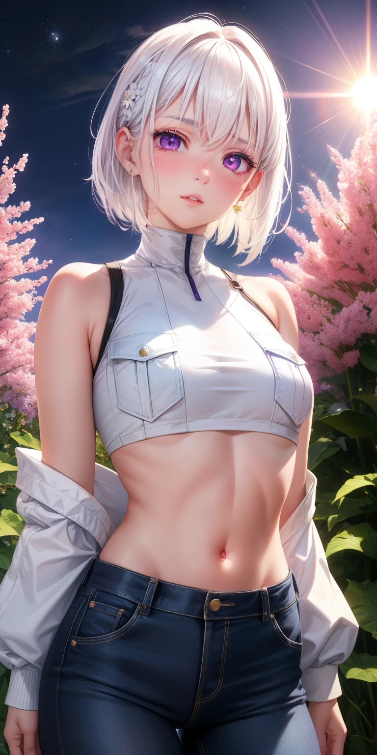 real, 1girl, White hair, Purple eyes, Glowing eyes, Crop top, A pocket, Parted lips, Blush, a night, Flowers, sun, sunlight,